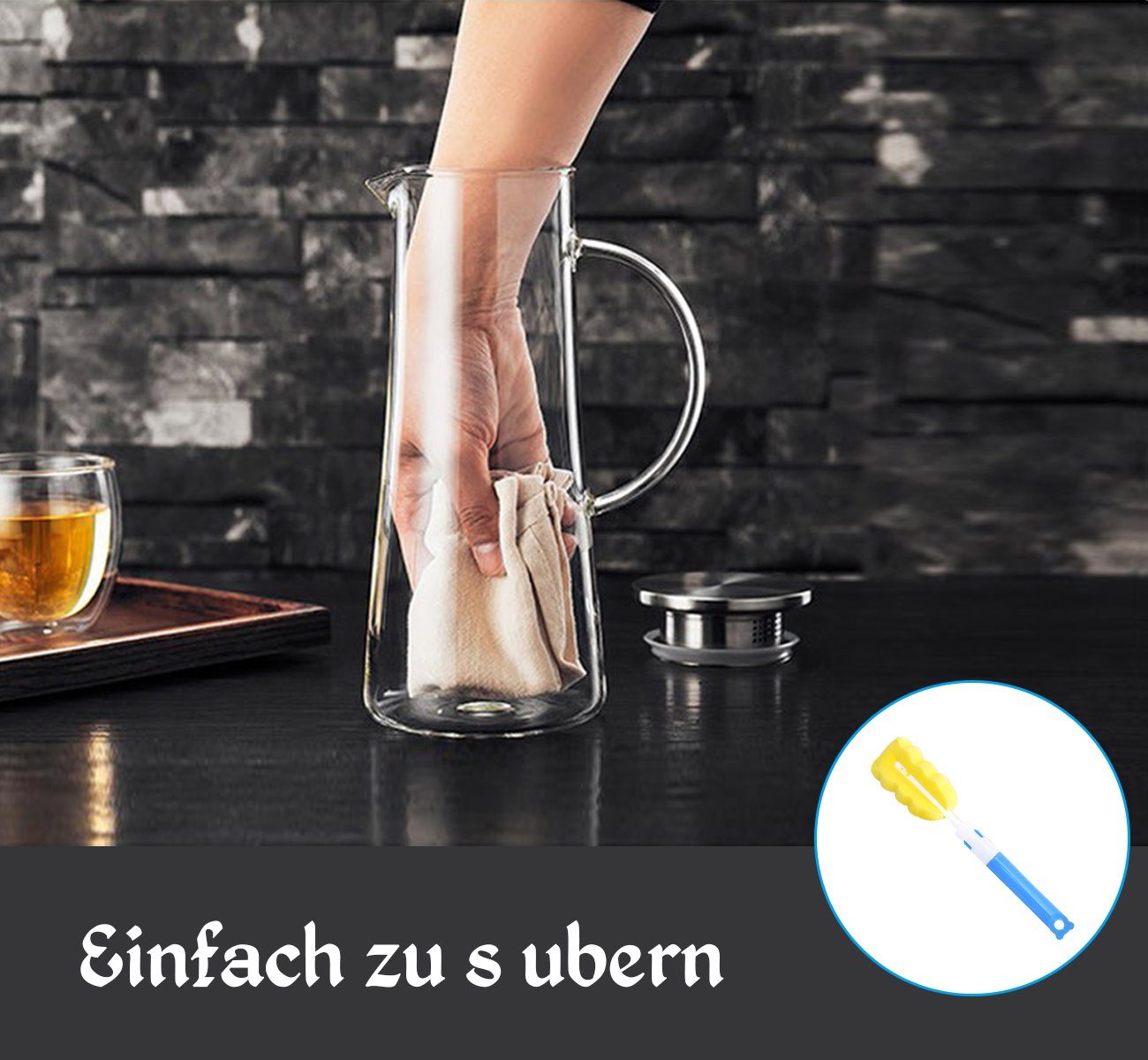 Homewit Karaffe Glas Krug 2,2L Karaffe mit Griff und Filter Wasserkrug Glaskaraffe, (Set, 1-tlg., 2.2 L), Glaskrug, Eistee Krug