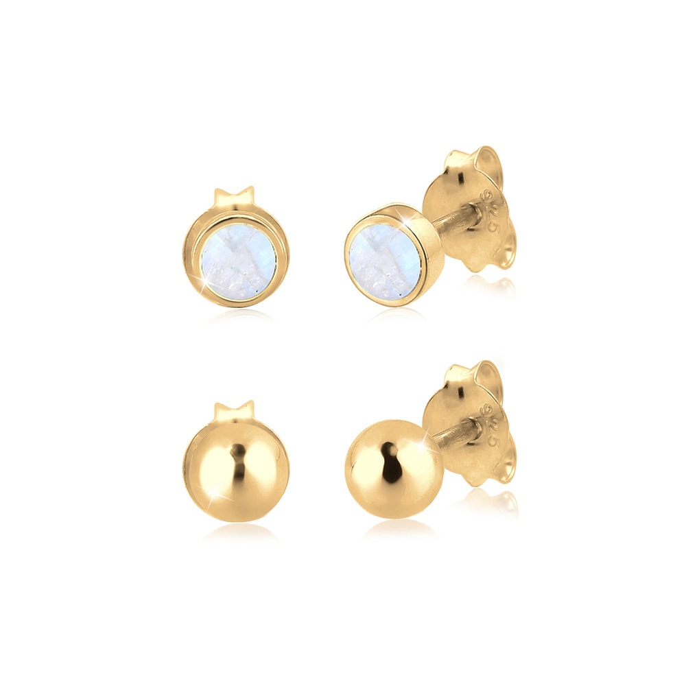 Elli Elli Boucles d'Oreilles Set Kugel Geo Minimal Trend Mondstein 925 Silber Boucles d'oreilles