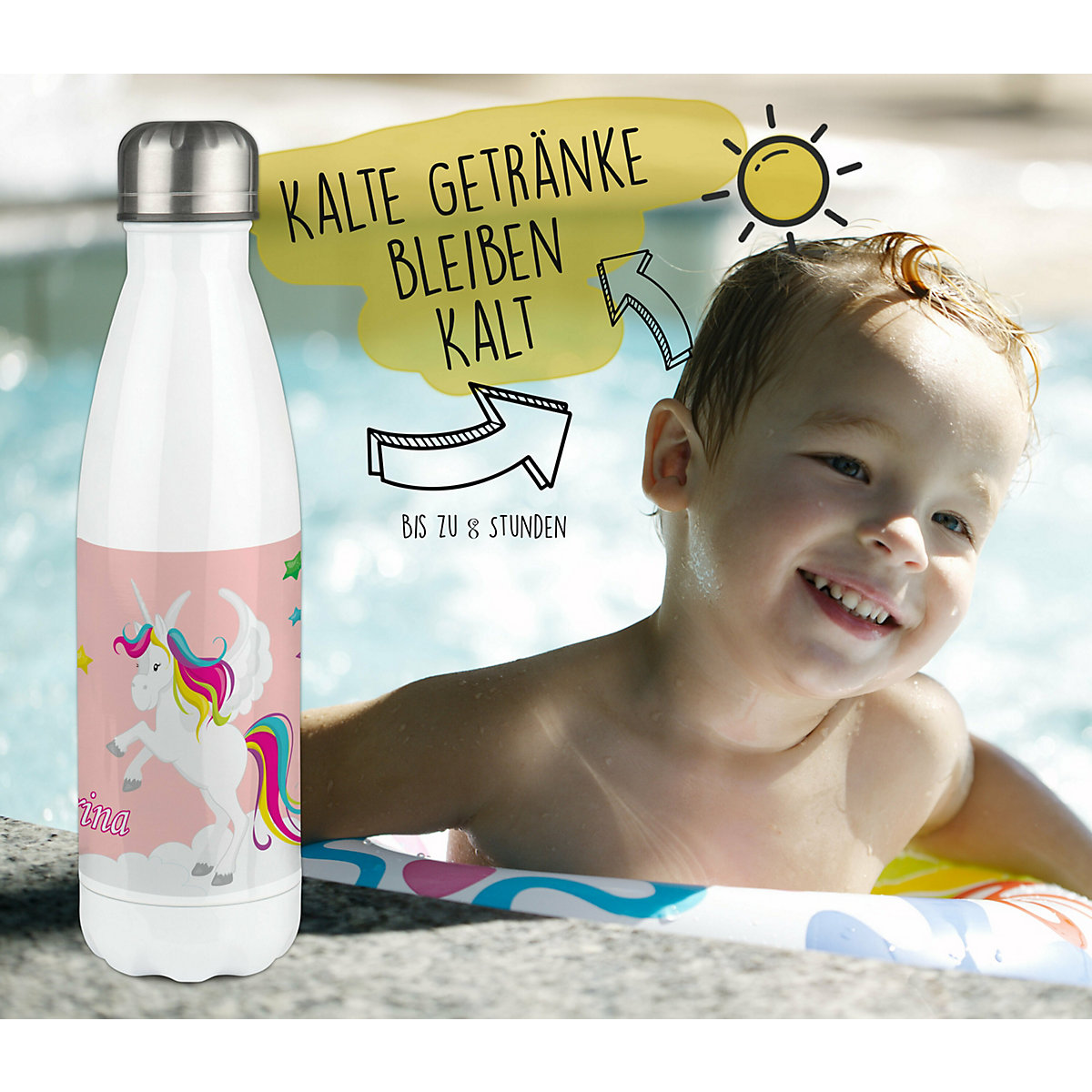 Edelstahl Kinder Thermoflasche / Trinkflasche bunt Pegasus Farbe rosa Spülmaschinenfest, Auslaufsicher, Bruchfest, Doppelwandig, Für Heißgetränke geeignet, Mit Deckel, Isoliert