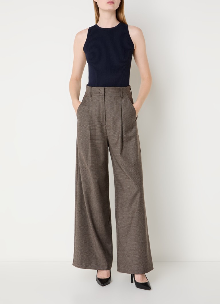 Pantaloni MaxMara Melodia cu talie înaltă și croială largă, confecționați din lână virgină și decorați cu model picior de câine.