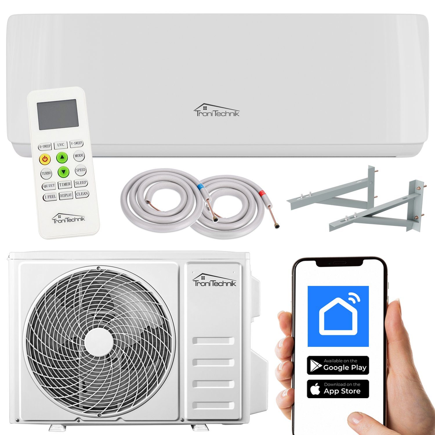 TroniTechnik Split-Klimagerät Reykir 9000 mit UV-C Filter, A++ EEK, Raumthermostat,mit Wandhalterung, Kühlung,Heizung,Ventilation (6-Stufen Ventilator),Entfeuchtung