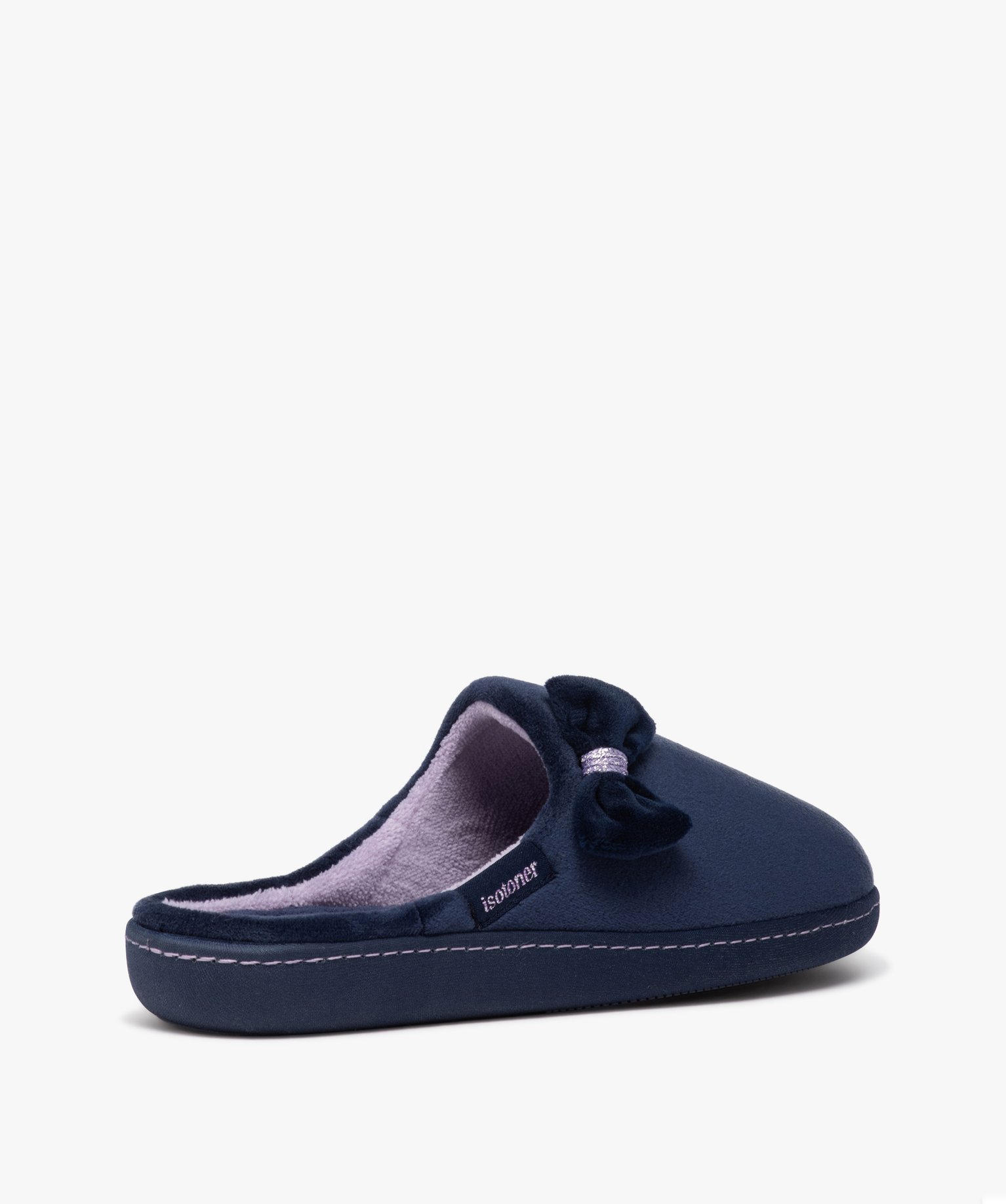 Chaussons femme pantoufles en velours uni avec noeud - Isotoner marine | GEMO
