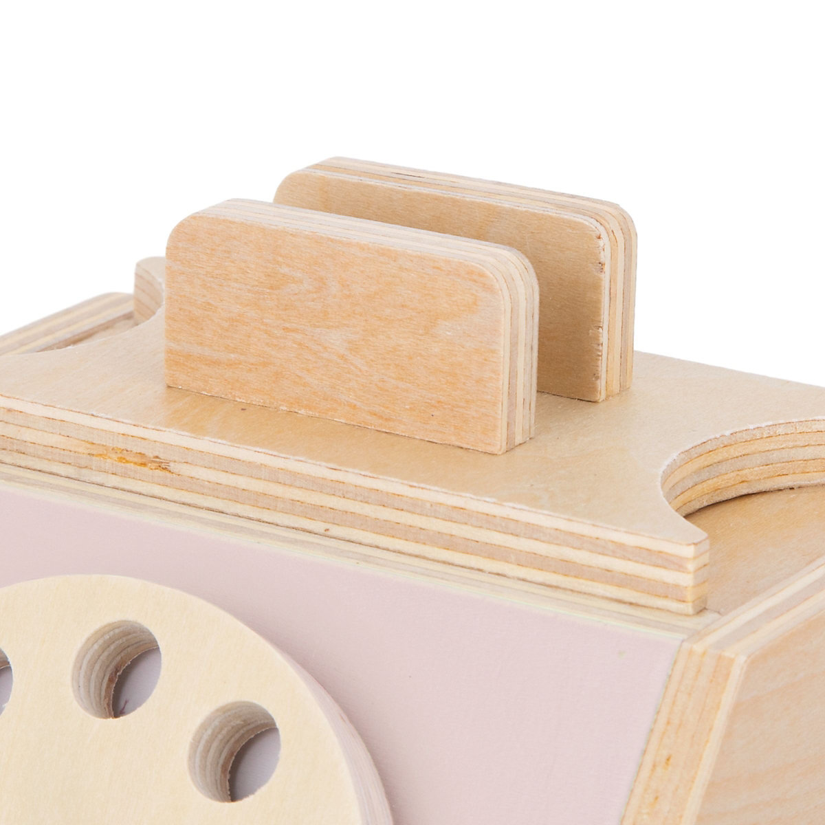 Retro-Telefon aus Holz – Pastellrosa, mobiles Zifferblatt, Pastellfarben, Headset mit dem Telefon verbunden