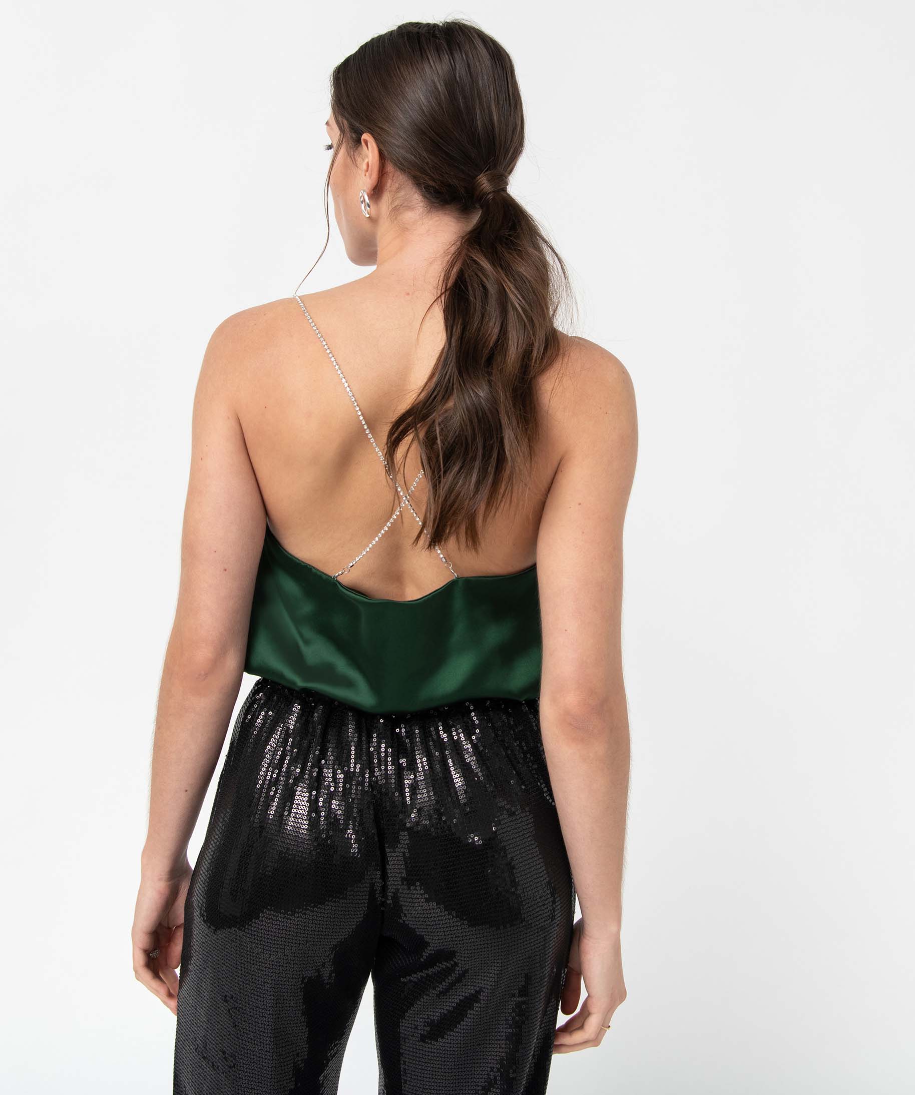 Blouse femme à fines bretelles strass Gémo x Nolwenn Crème vert | GEMO