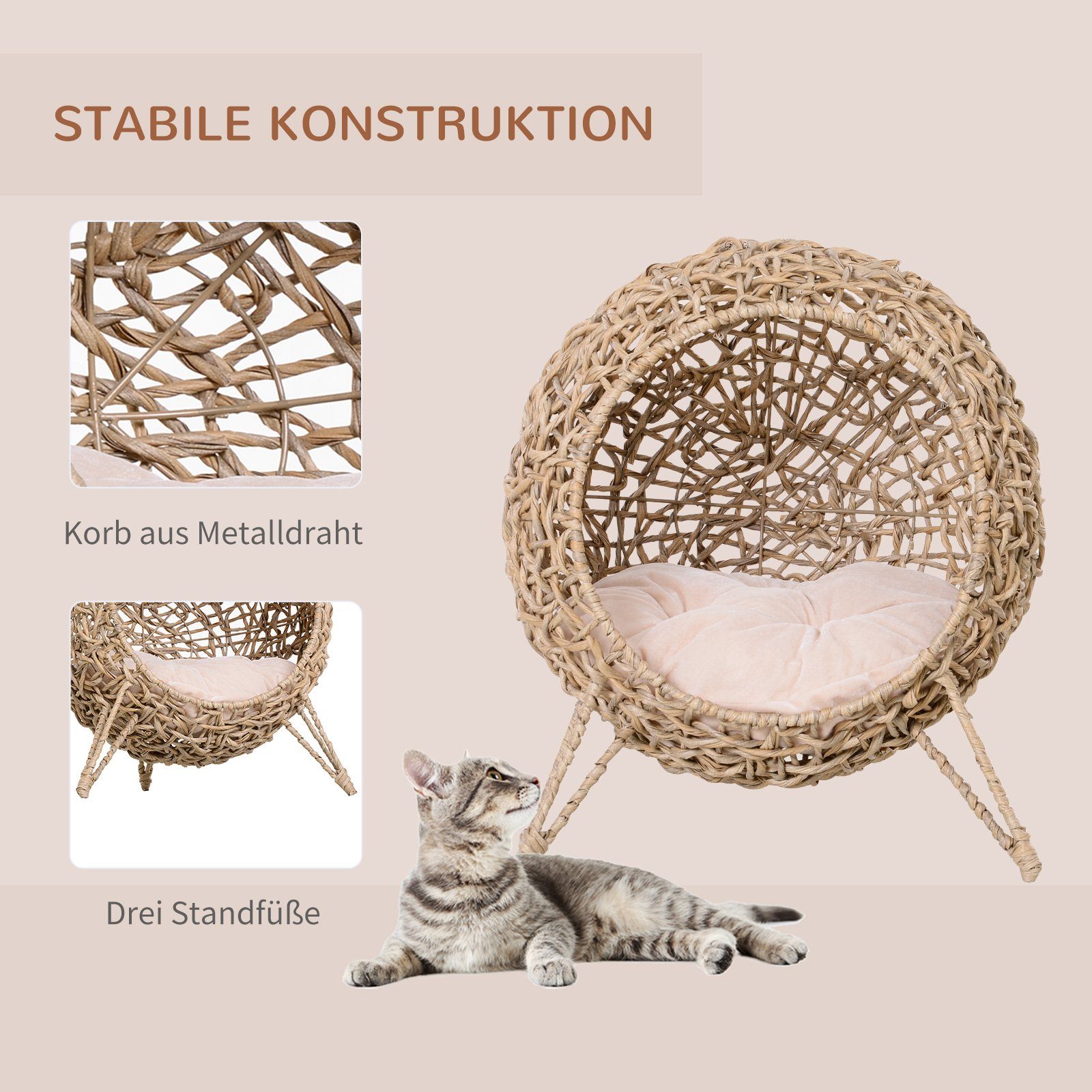 PawHut Tierhaus Katzenhaus aus PE-Rattan mit Kissen, erhöhten Füßen PE-Rattan Natur, Ø52 x 58H cm