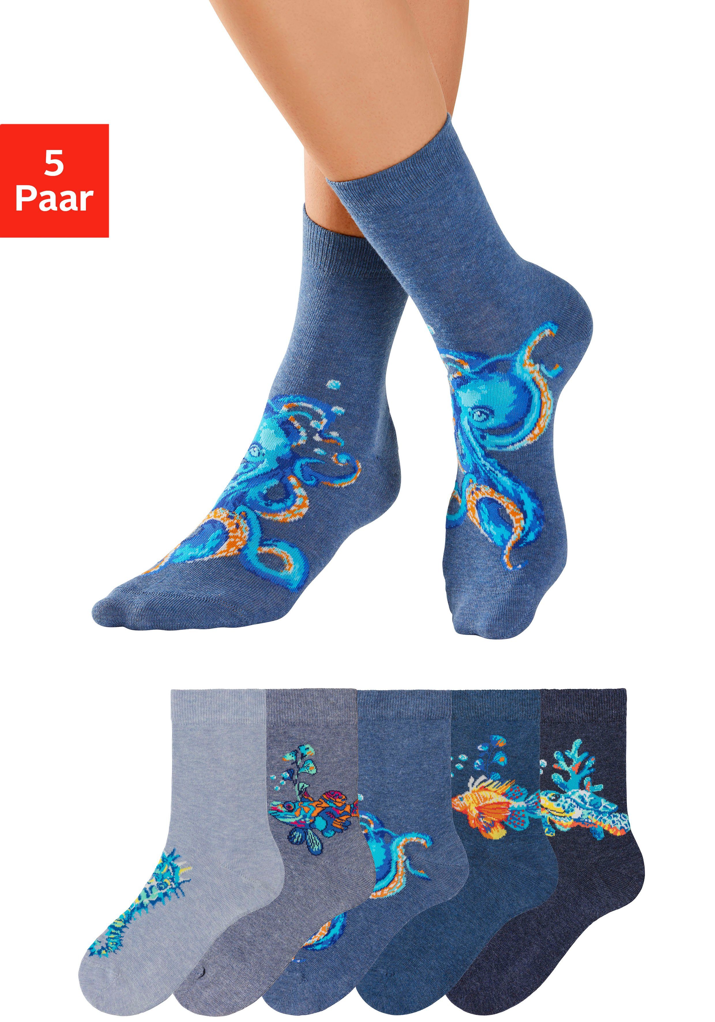 H.I.S Basicsocken (Packung, 5-Paar) mit farbigen Meerestieren
