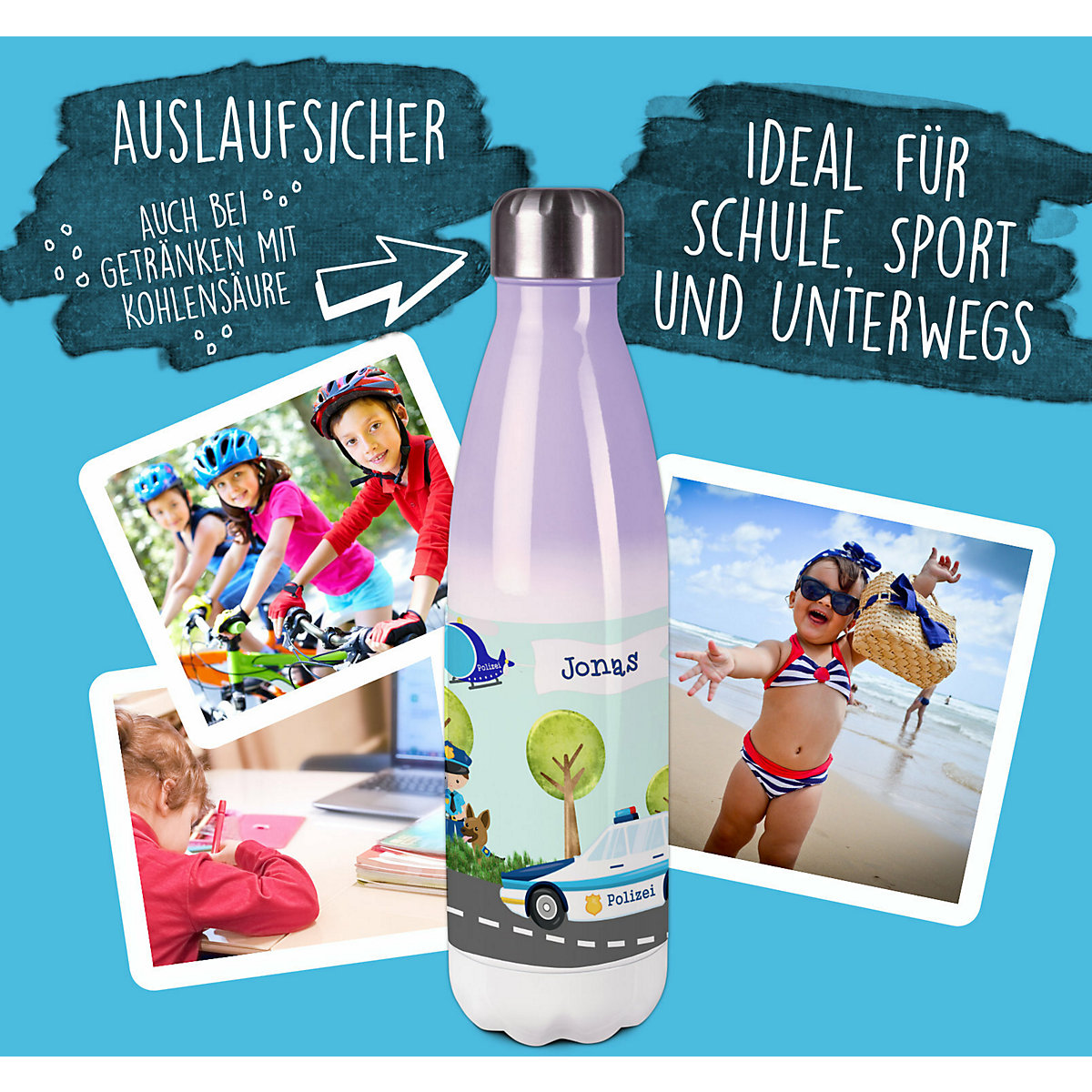 Edelstahl Kinder Thermoflasche / Trinkflasche bunt Polizei Spülmaschinenfest, Auslaufsicher, Bruchfest, Doppelwandig, Für Heißgetränke geeignet, Mit Deckel, Isoliert