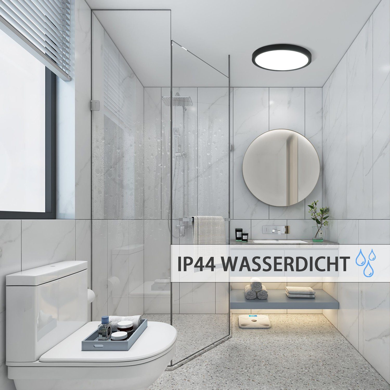 ZMH LED Deckenleuchte ∅22cm IP44 Wasserdicht einfache Selbstmontage mit Aufbauanleitung, nicht dimmbar, 3000K//4000K//6500K, Schwarz, 6500K