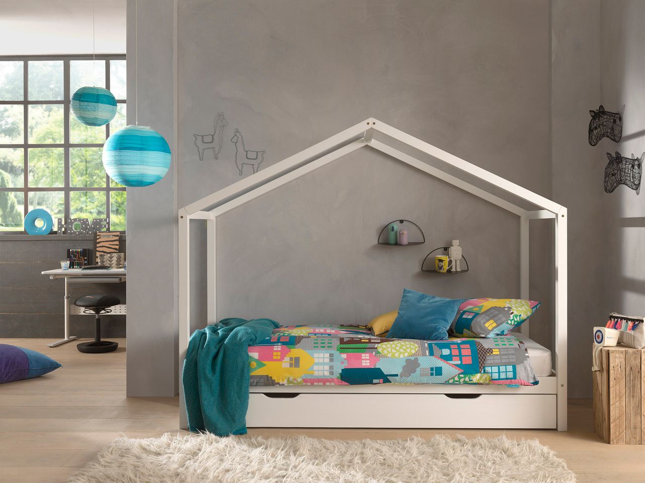 VIPACK Dallas 3 Hausbett 90 x 200 cm Liegefläche inkl. Bettschublade, Weiß
