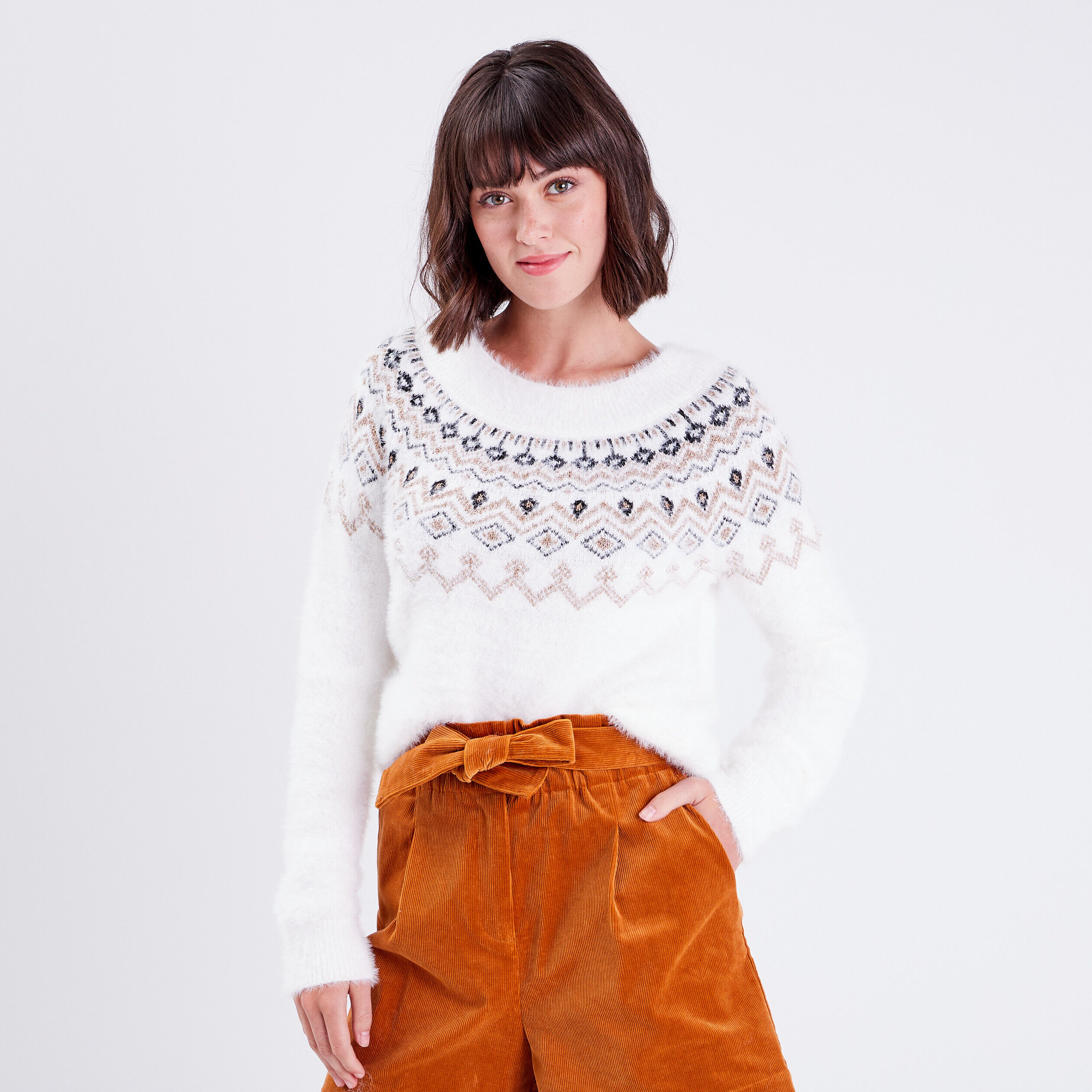 Pull avec col rond ecru femme | Cache Cache