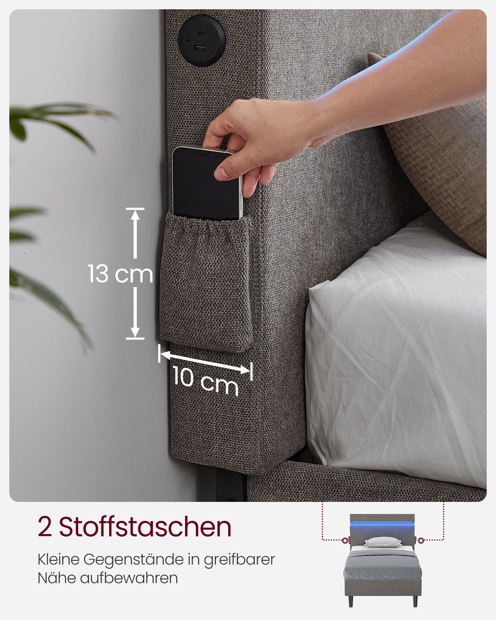 VASAGLE Polsterbett, Bettgestell, 25 Farben und 10 Blinkmustern, USB- und TYPE-C Anschluss
