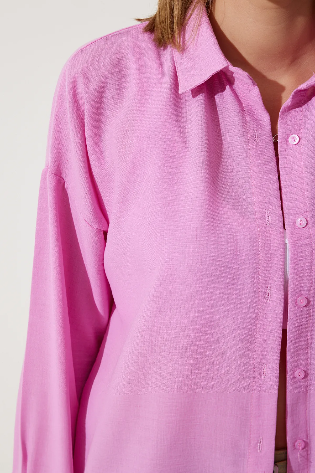 Happiness İstanbul  Hellrosa Oversize-Leinenhemd Ayrobin für Damen DD01222