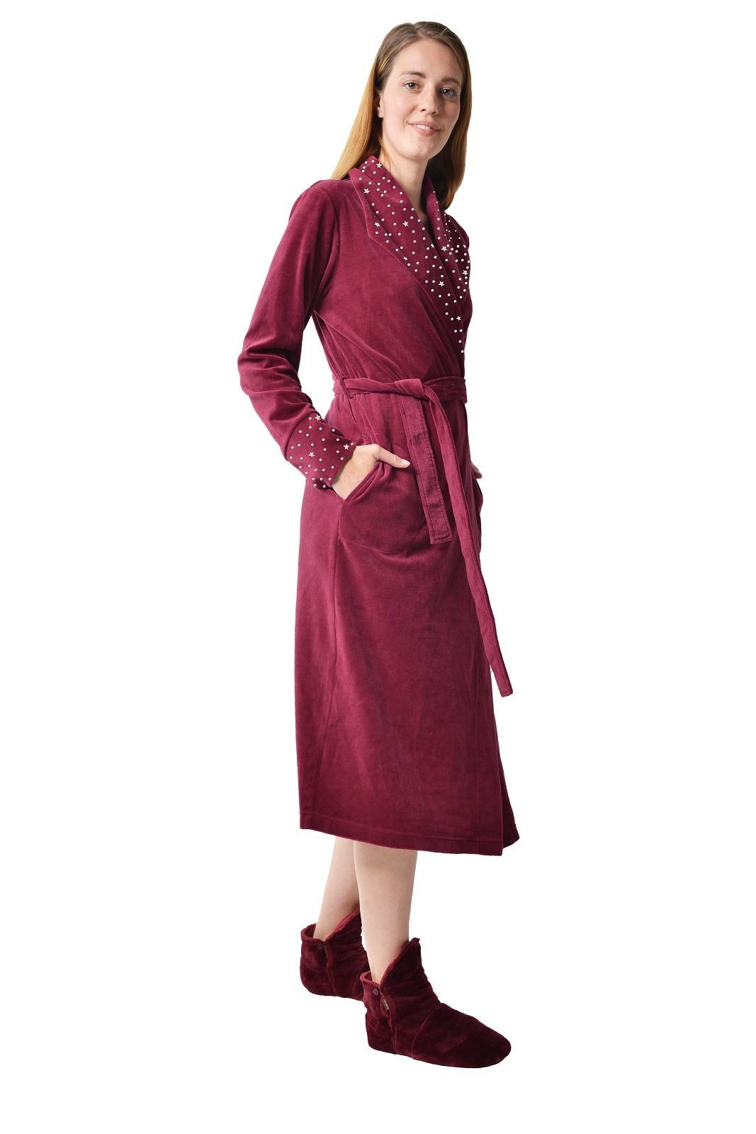 RAIKOU Damenbademantel Morgenmantel, Saunamantel, Loungemantel 80% Baumwolle, Unterschenkel, 80% Baumwolle, 20% Polyester, groß Revers, Gürtel, Mit hellem Strassstein