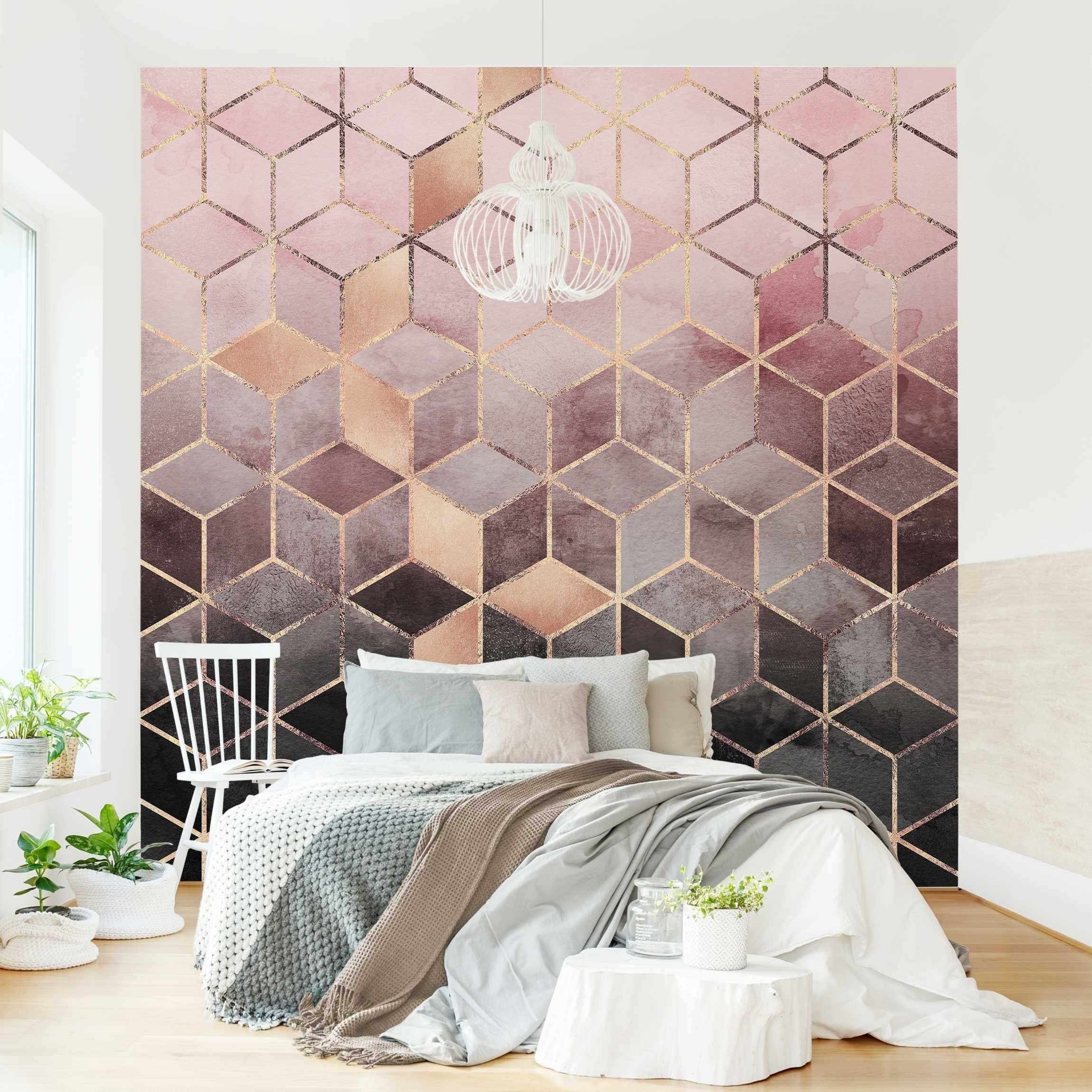 Bilderdepot24 Vliestapete Abstrakt Rosa Grau goldene Geometrie Tapete Wanddeko Modern Kunst, Glatt, Matt, (Inklusive Gratis-Kleister oder selbstklebend), Wohnzimmer Schlafzimmer Küche Flur Fototapete Motivtapete Wandtapete