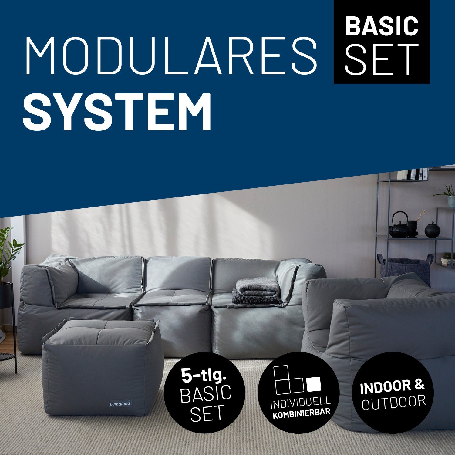 Lumaland Loungeset Modulares System erweiterbar In- & outdoor, (5-tlg), Lounge wasserfest abnehmbarer Bezug individuell kombinierbar waschbar
