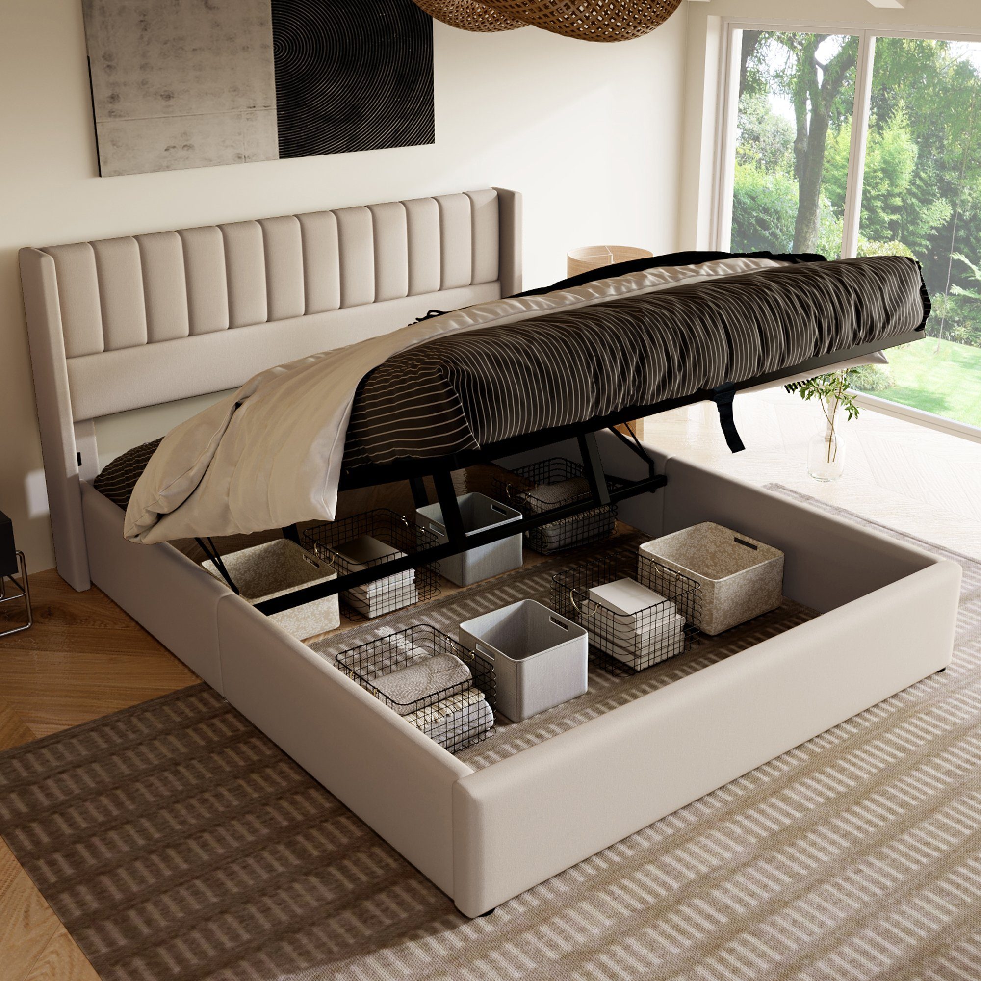 REDOM Polsterbett Stauraumbett Doppelbett (140x200cm Grau Leinen ohne Matratze), Bett mit Lattenrost aus Metallrahmen, Lattenrost aus Holz