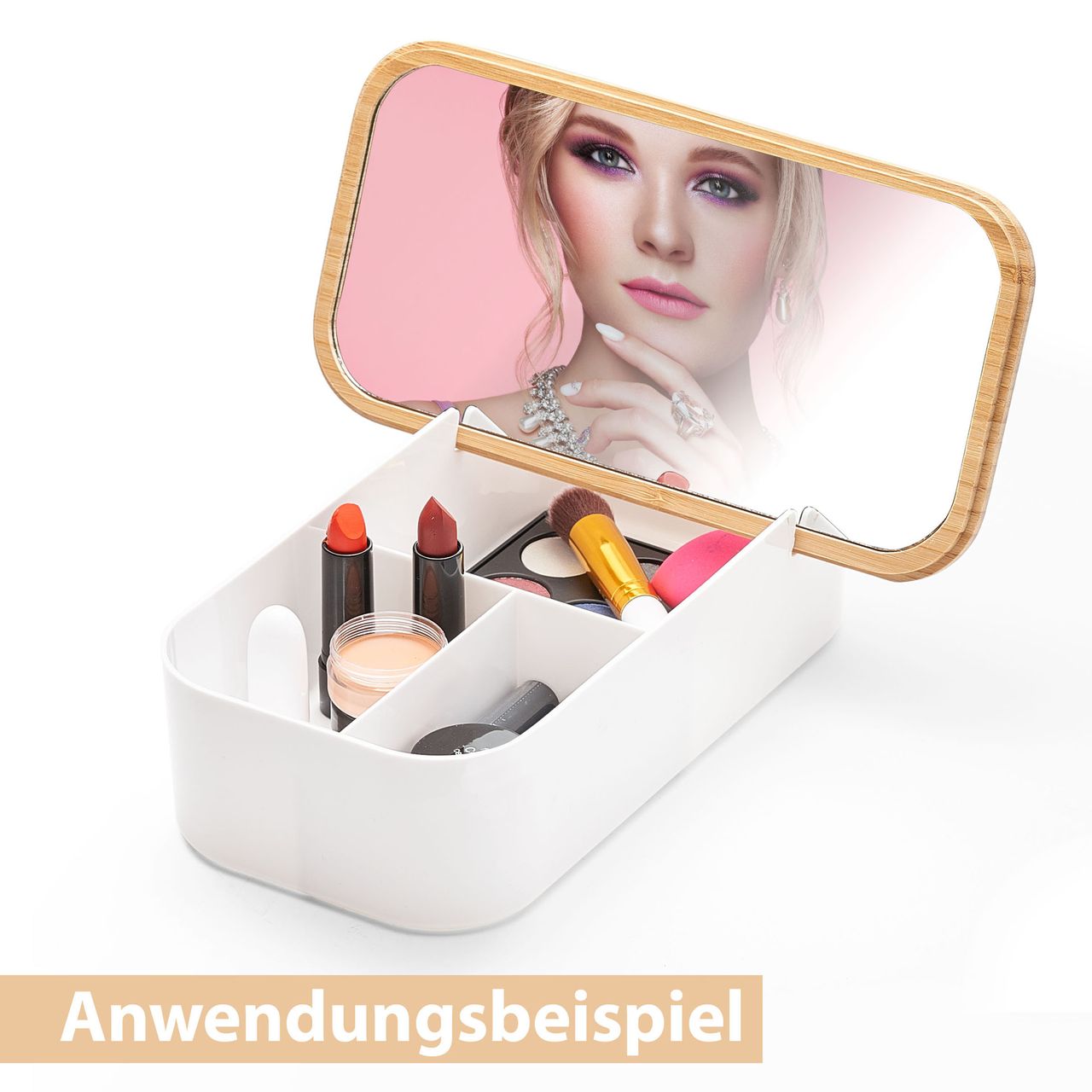 Weles AMARE Bad Organizer mit Spiegel Deckel aus Bambus 26 x 17 x 5,5 cm, weiß