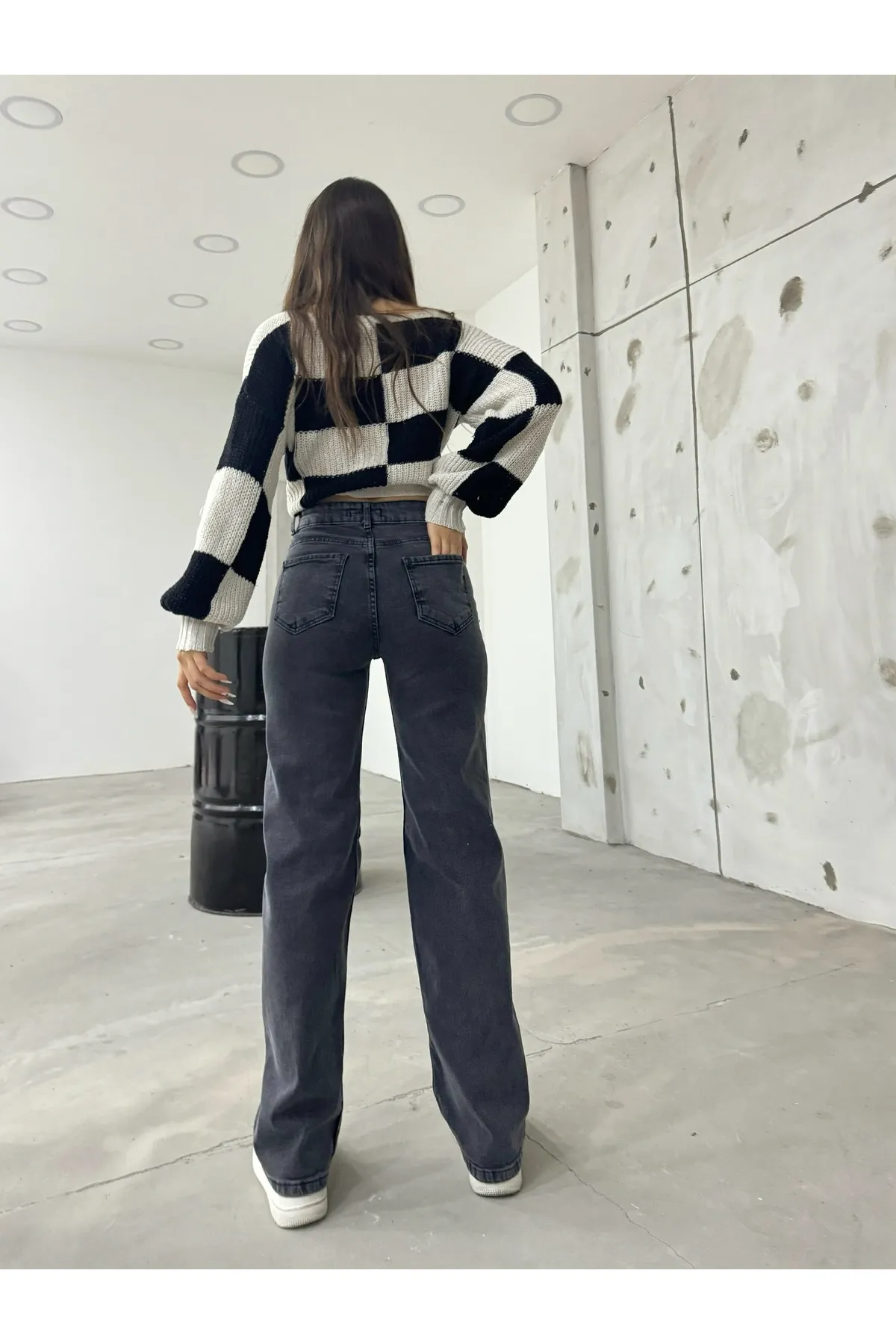 BİKELİFE  Graue Damen-Palazzo-Jeans mit hoher Taille und weitem Bein, locker und lässig