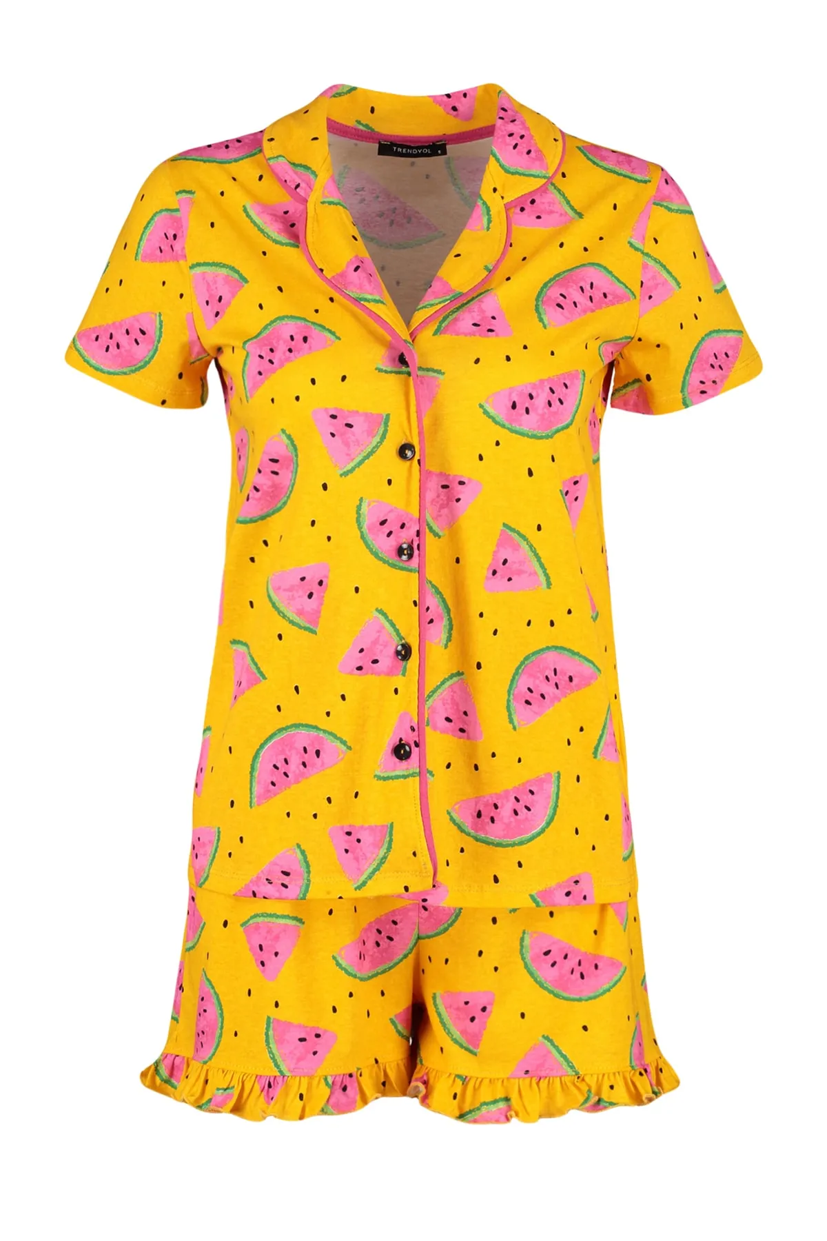 Trendyol Collection  Hellorangees Pyjama-Set aus 100 % Baumwolle mit Wassermelonenmuster und Rüschen, Hemd und Shorts, Strick, THMSS21PT0670