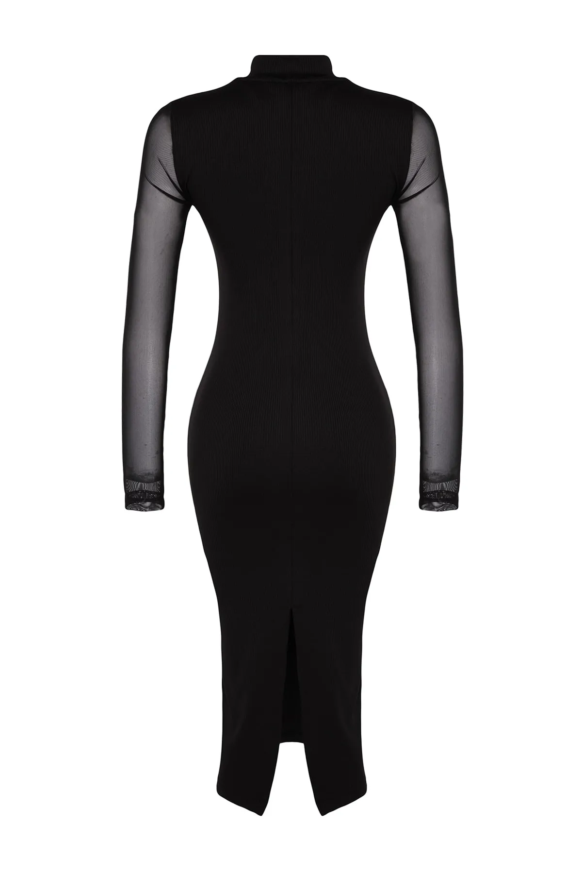 Trendyol Collection  Schwarzes, elegant geschnittenes Midi-Tüllkleid mit hohem Kragen und geripptem, flexiblem Strickkleid TWOAW24EL00177