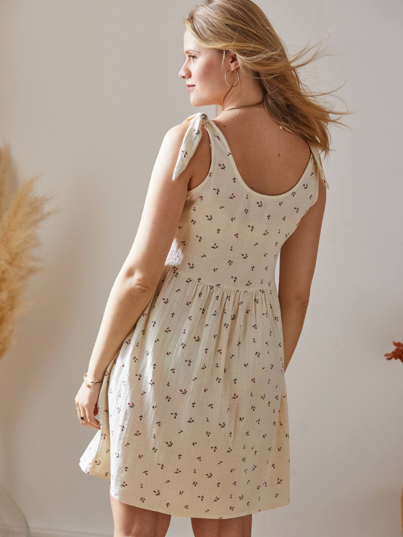 Robe courte gaze de coton grossesse et allaitement beige imprimé