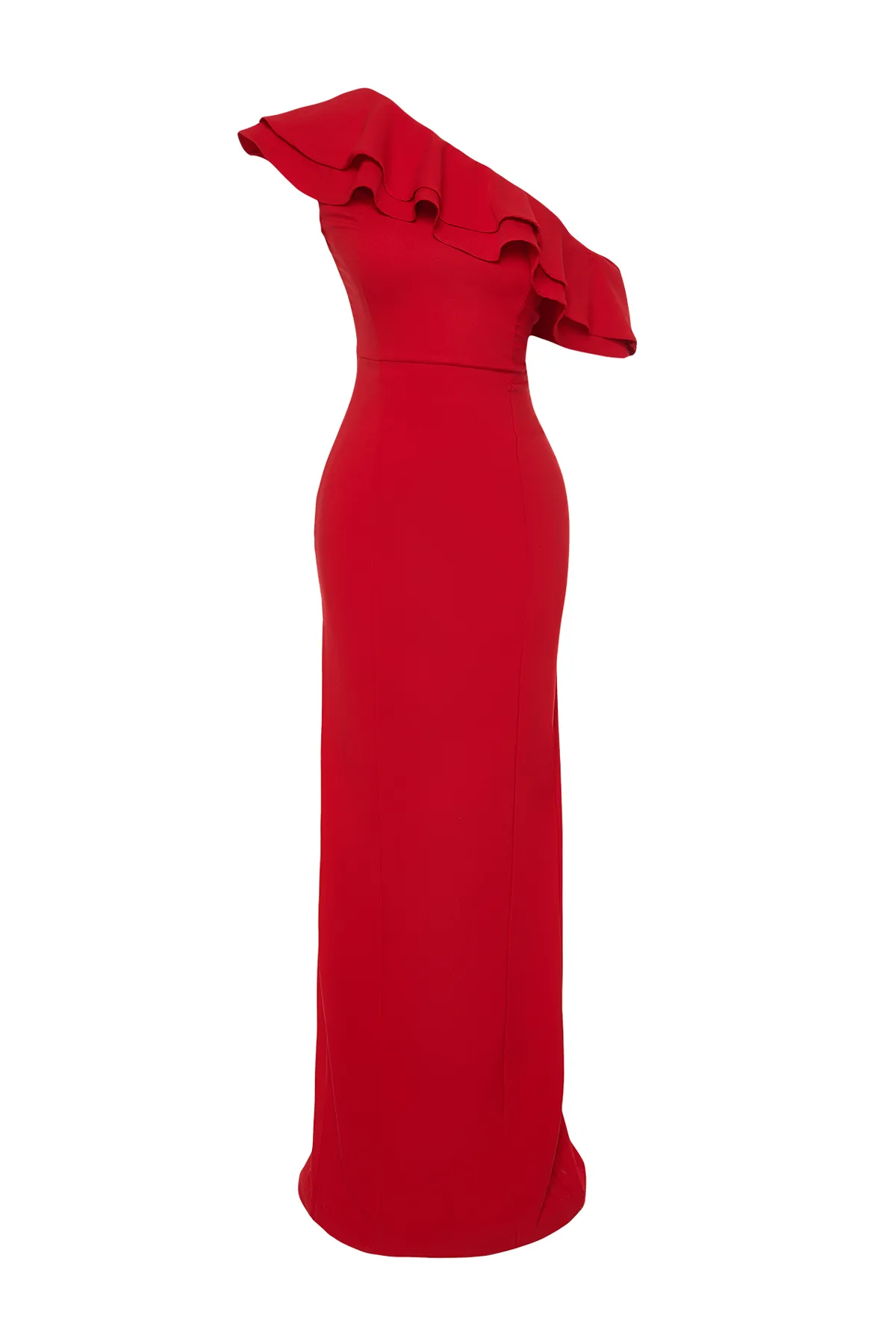 Trendyol Collection  Rotes Volant-detailliertes, gewebtes, elegantes Abendkleid TPRSS24AE00066