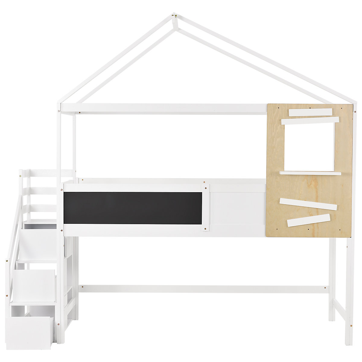 Hochbett 90x200cm mit Treppenschublden und Tafeln aus Massivholz, Kinderbett Spielbett
