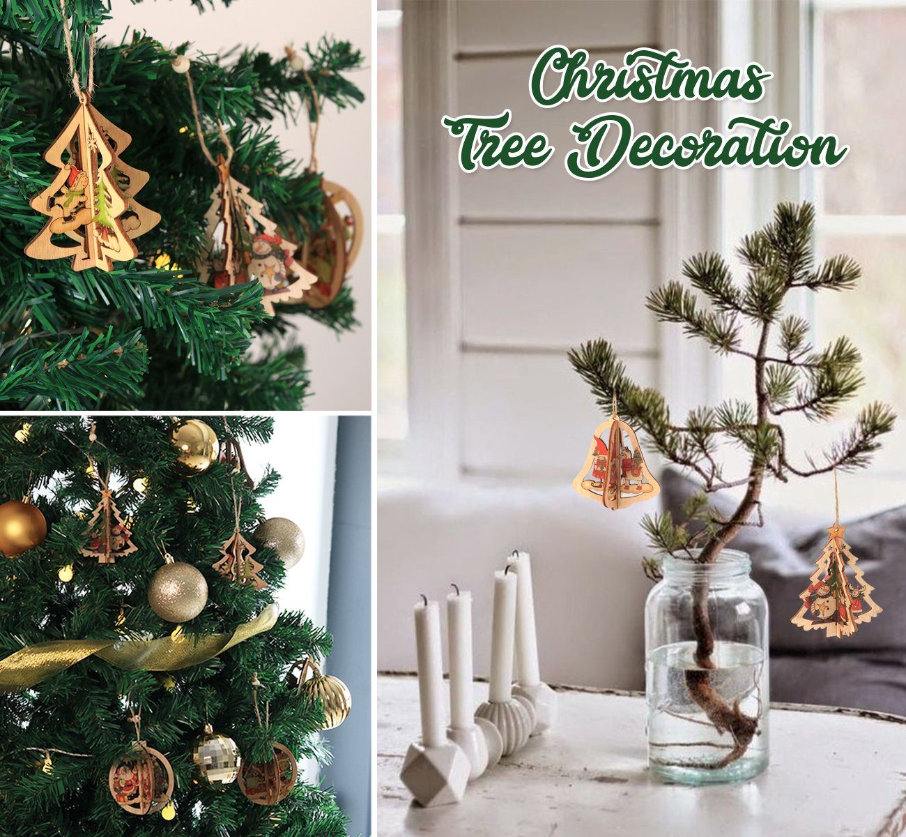 Homewit Christbaumschmuck 3D Weihnachtsbaumschmuck Weihnachtsbaum Holz Anhänger Dekoration (6-tlg), Holz Ornamenten für Weihnachtsbaum Weihnachtsmann Weihnachtsglocken