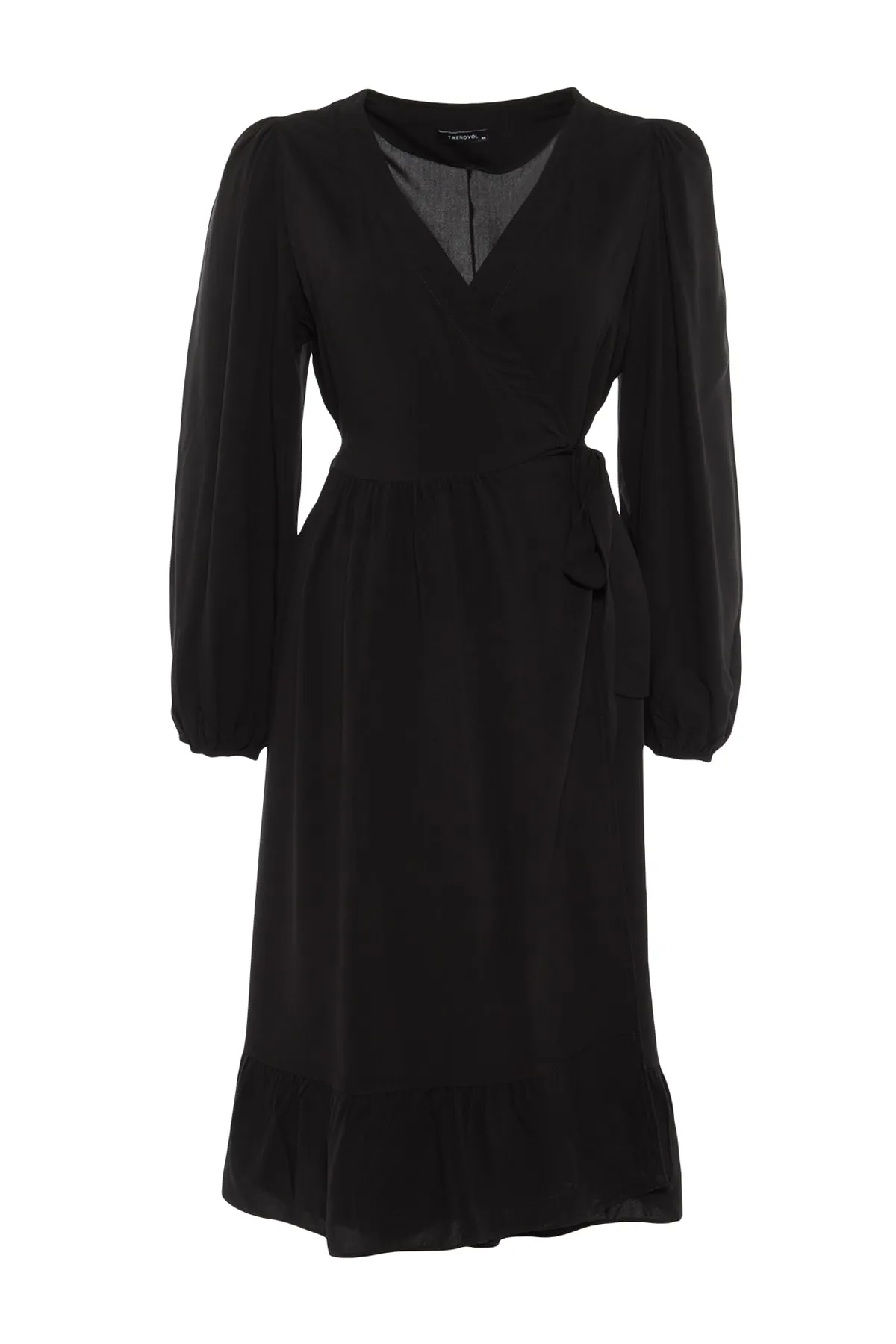 Trendyol Curve  Schwarzes, zweireihiges Midi-Webkleid in Übergröße mit Kragen und A-Linie TBBAW23AH00104