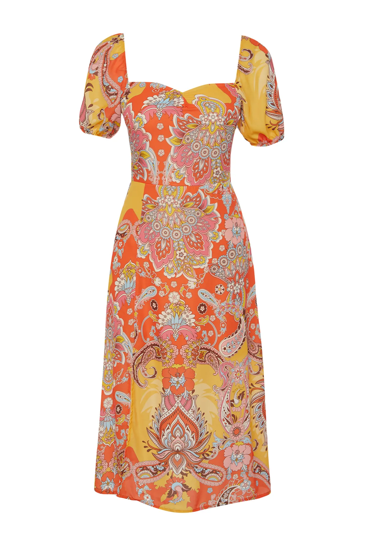 Trendyol Collection  Oranges gemustertes gewebtes Midikleid mit quadratischem Ausschnitt und Schlitz TWOSS23EL01846