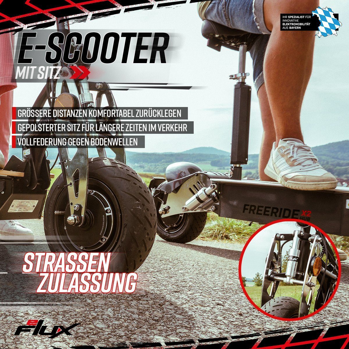 eFlux E-Scooter Freeride X2 Elektro Roller mit Straßenzulassung klappbar, 2500,00 W, 45,00 km/h, (1 tlg), Scooter - bis 55 km Reichweite - Lithium-Ionen Akku - Sitz