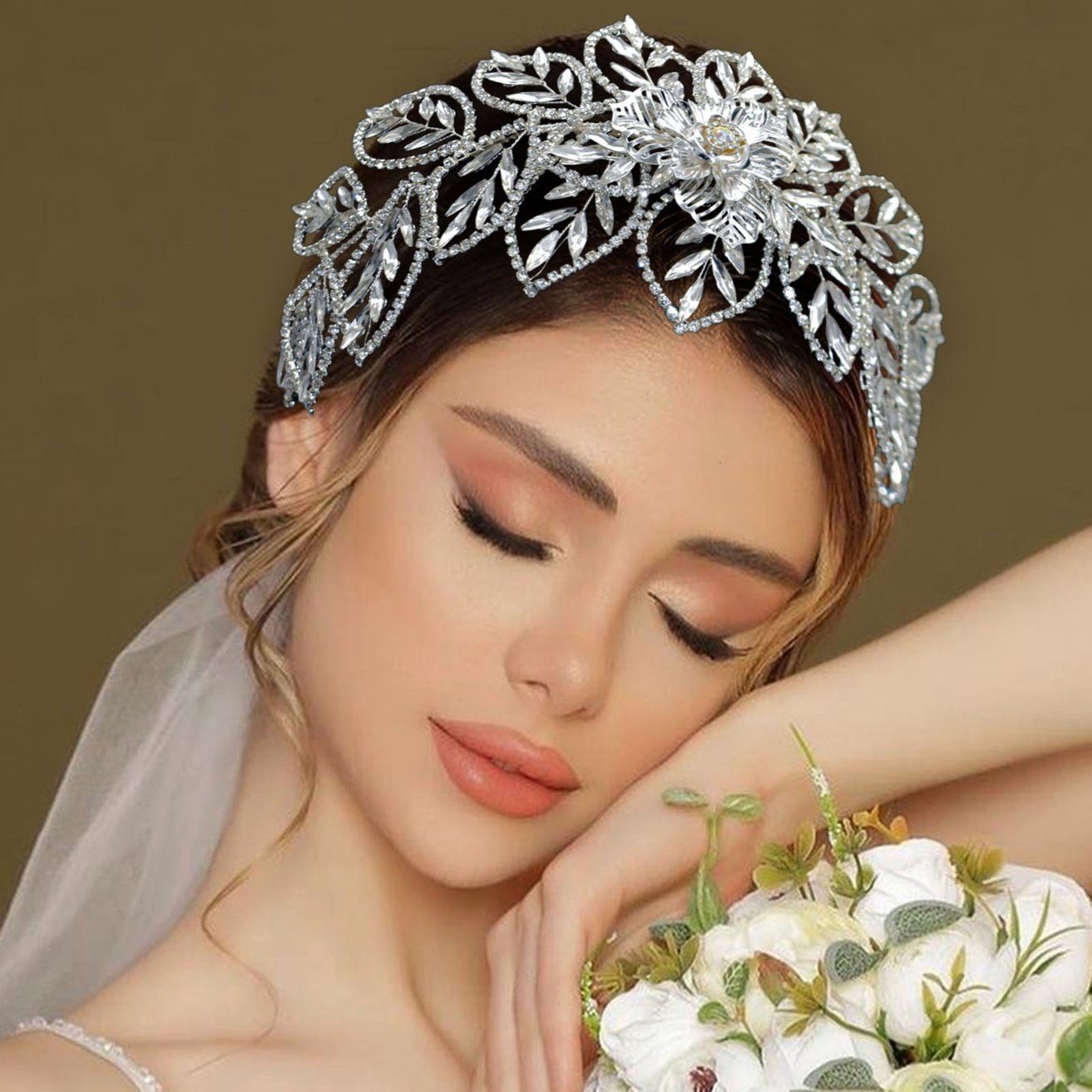 HOHEA H Haarband Silberner Haarschmuck, Blumenhaarnadeln, Kristallkrone, 1-tlg., Silberne Haaraccessoires sind elegante Haaraccessoires für Frauen, Kristall-Stirnband, Hochzeits-Haarschmuck, Braut-Haarschmuck