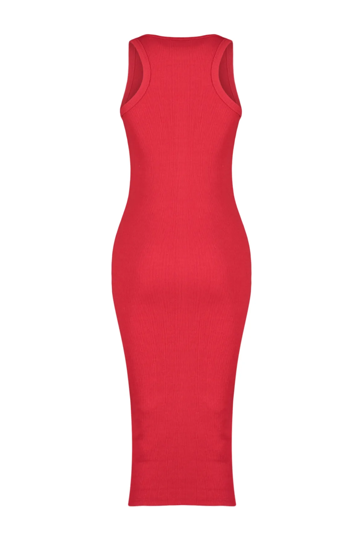 Trendyol Collection  Rotes, geripptes, figurbetontes/tailliertes Rundhals-Midi-Bleistiftkleid aus Strick TWOSS22EL1575