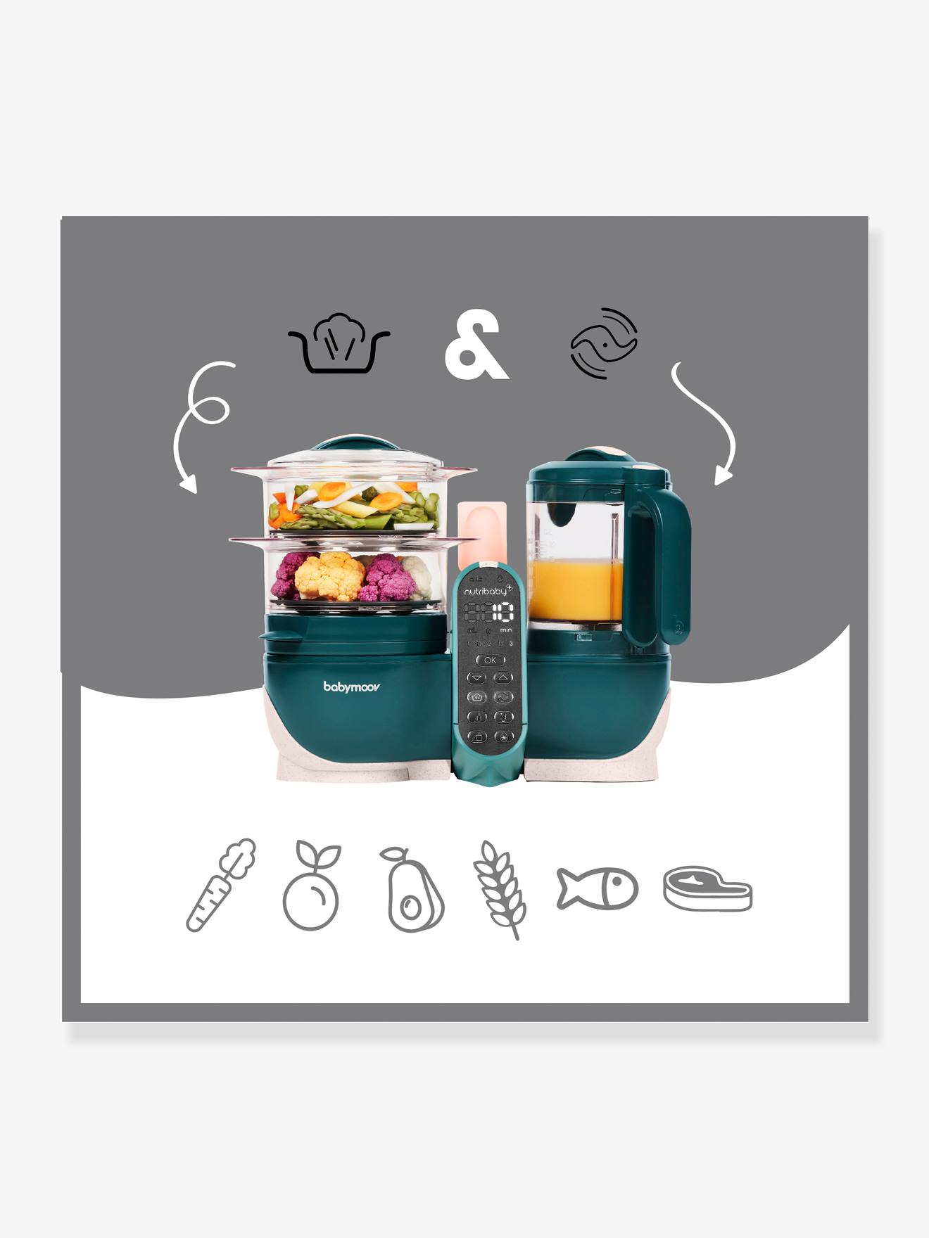 Robot multifonction BABYMOOV Nutribaby+ Préparateur culinaire cuiseur et mixeur industrial grey