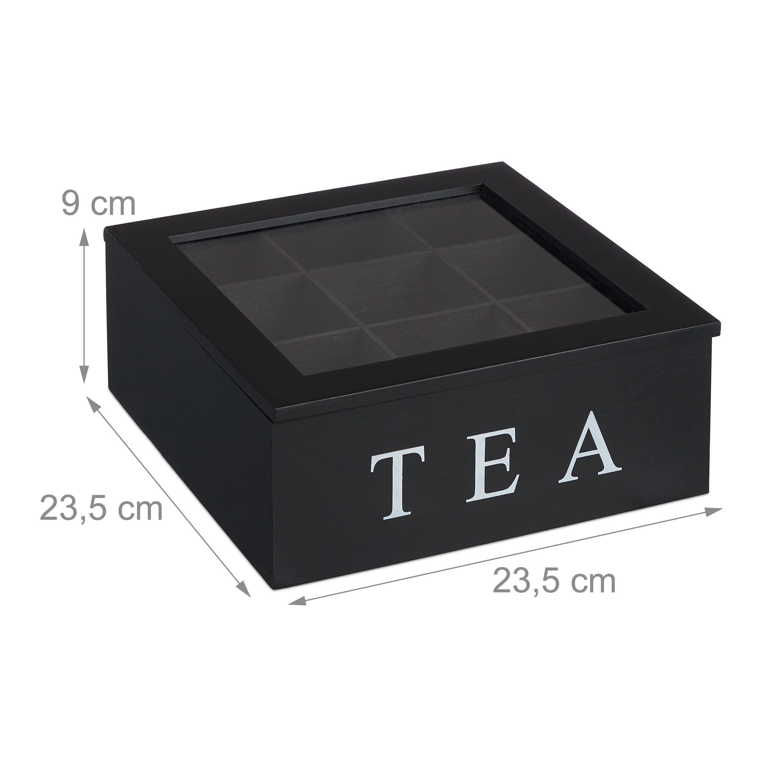 relaxdays Teebox Schwarze Teebox mit 9 Fächern, Bambus