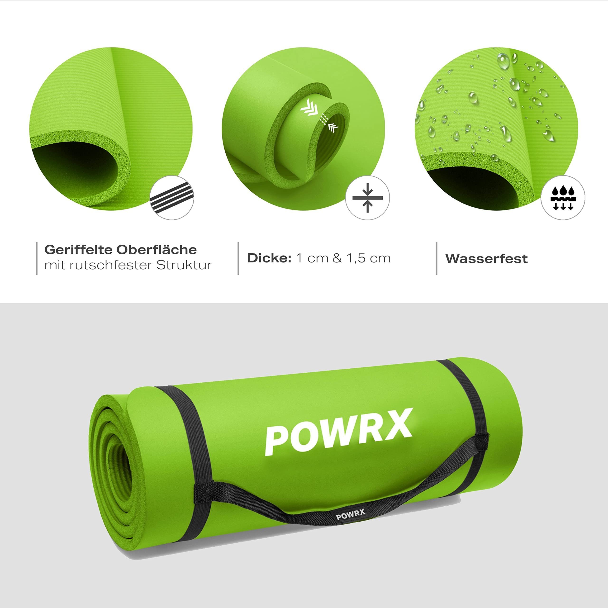 POWRX Yogamatte Gymnastikmatte inkl. Trageband + Tasche + GRATIS E-Book, Grn 190 X 60 X 1.5 Cm