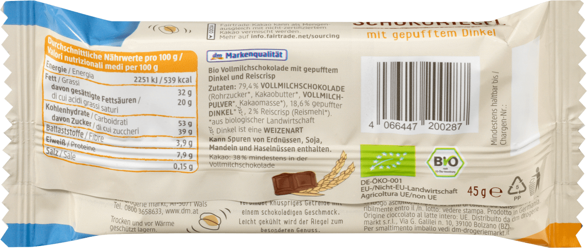Schokoriegel, Vollmilch mit gepufftem Dinkel, 45 g
