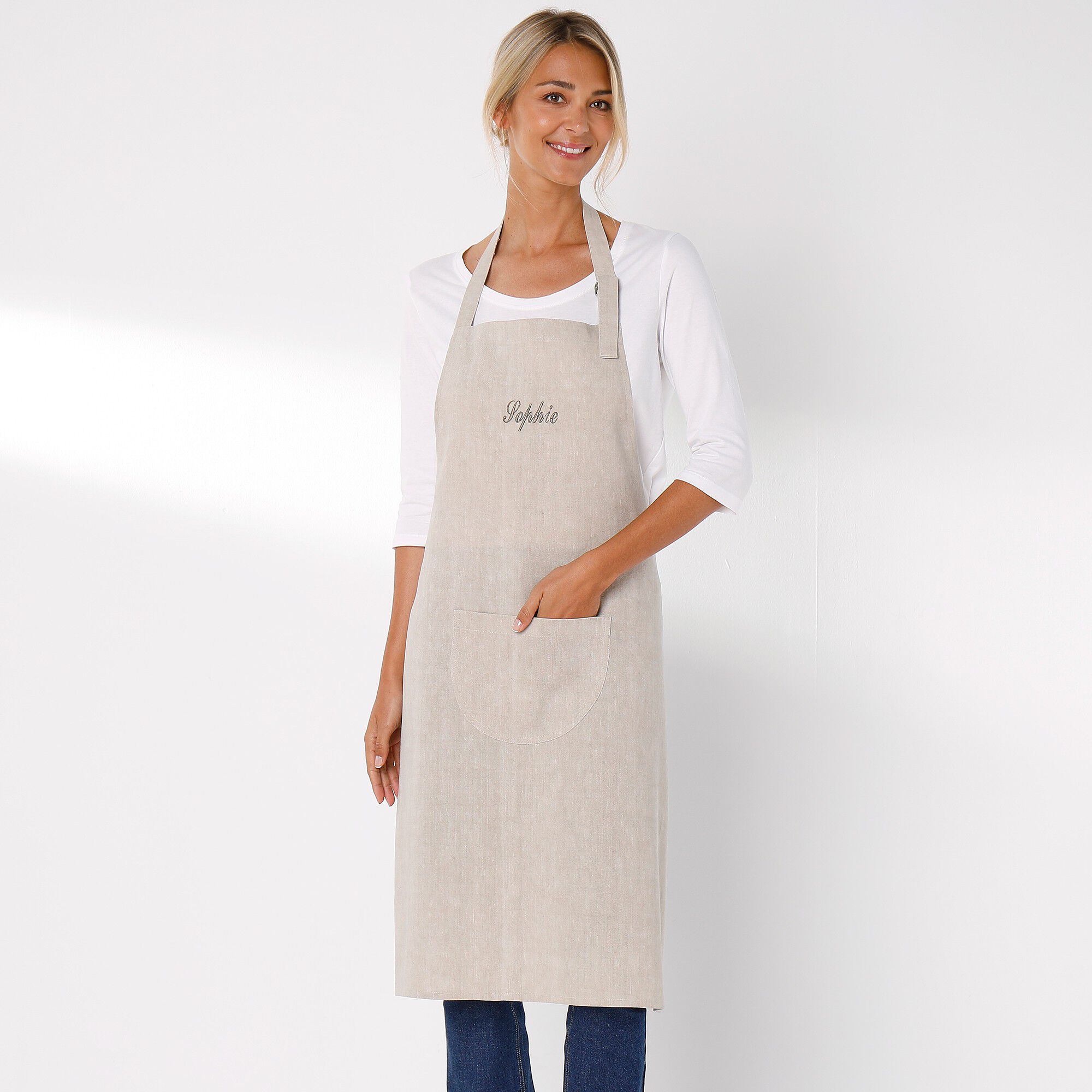 Tablier bavette coton et lin uni personnalisable