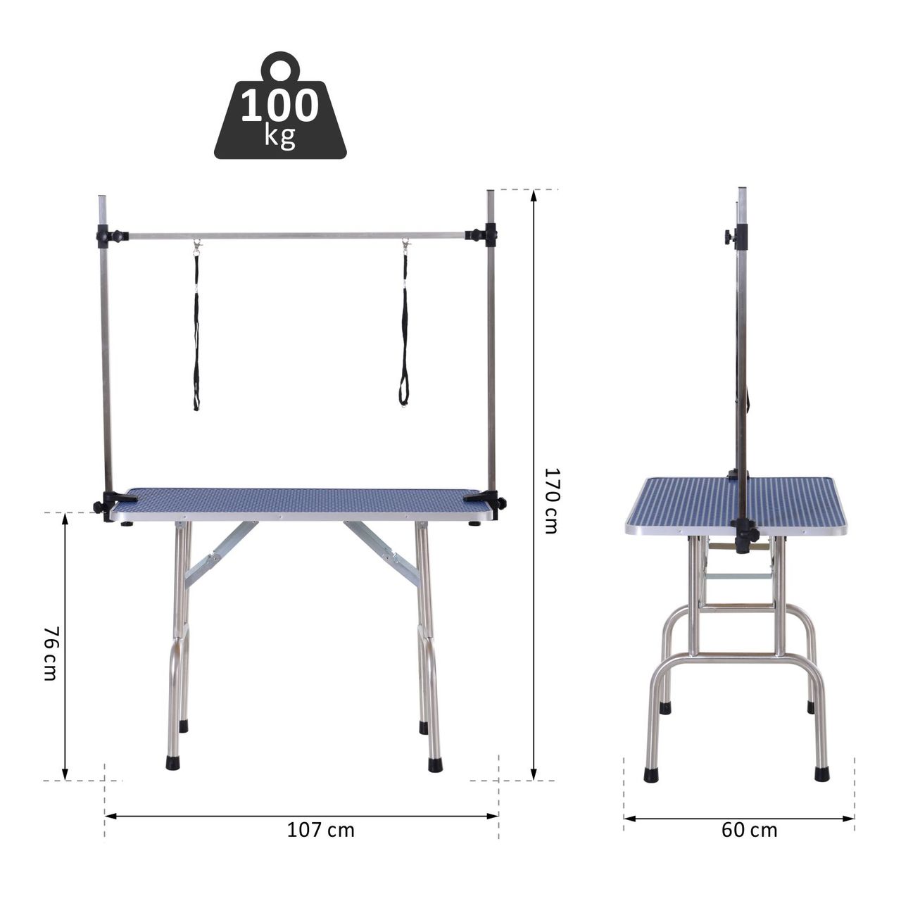 PawHut Trimmtisch Tierpflegetisch Schertisch Pflegetisch mit Unterkorb für Hunde höhenverstellbar klappbar Edelstahl Metall Blau 107 x 60 x 170 cm