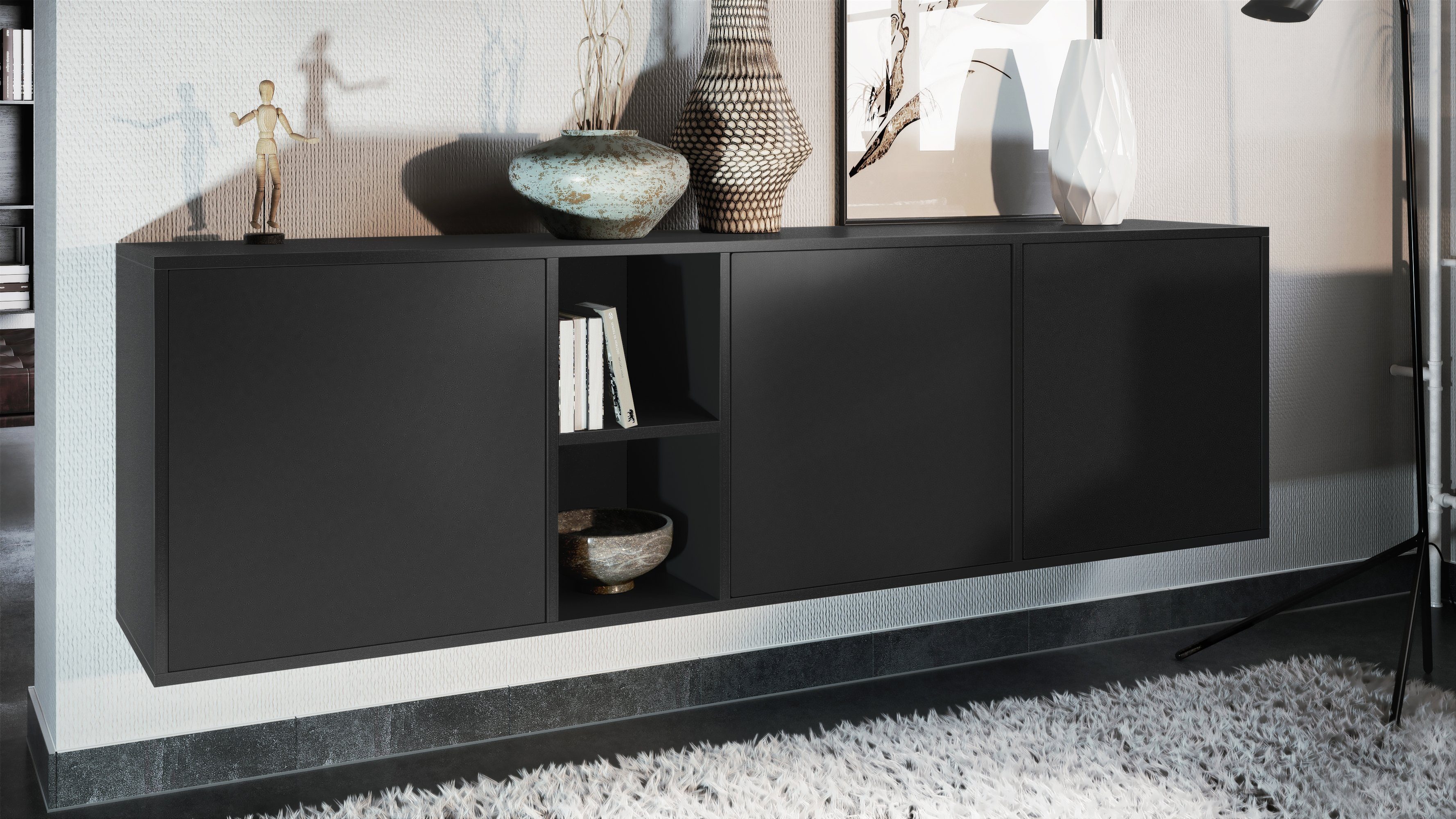 Vladon Sideboard Cuba (Kommode, mit 3 Türen und 2 offene Fächer), Schwarz matt (182 x 53 x 35 cm)