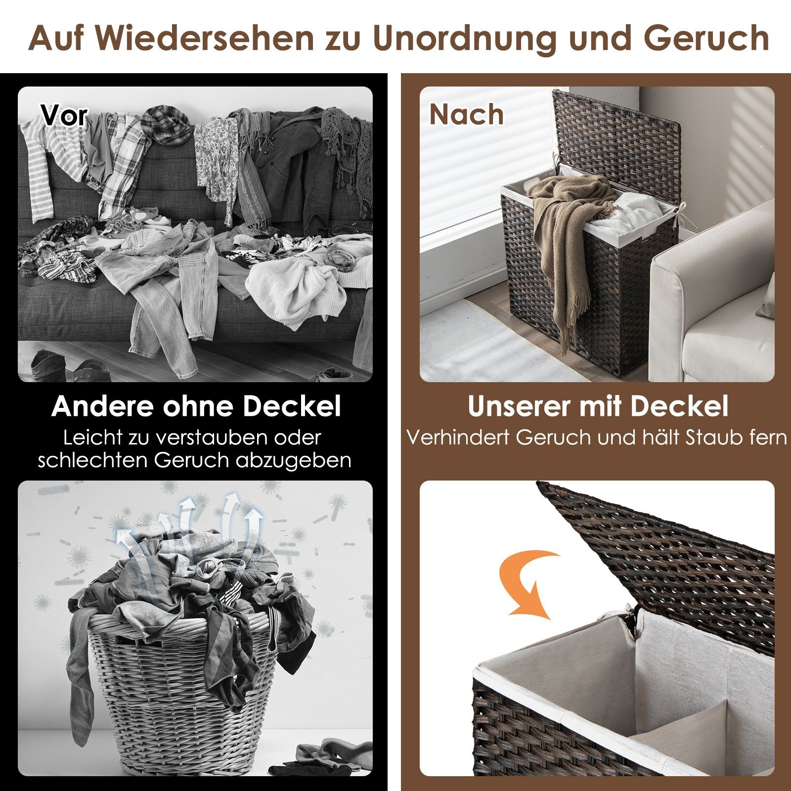 COSTWAY Wäschebox, mit Deckel, 3 Fächern, 110L, klappbar, Rattan