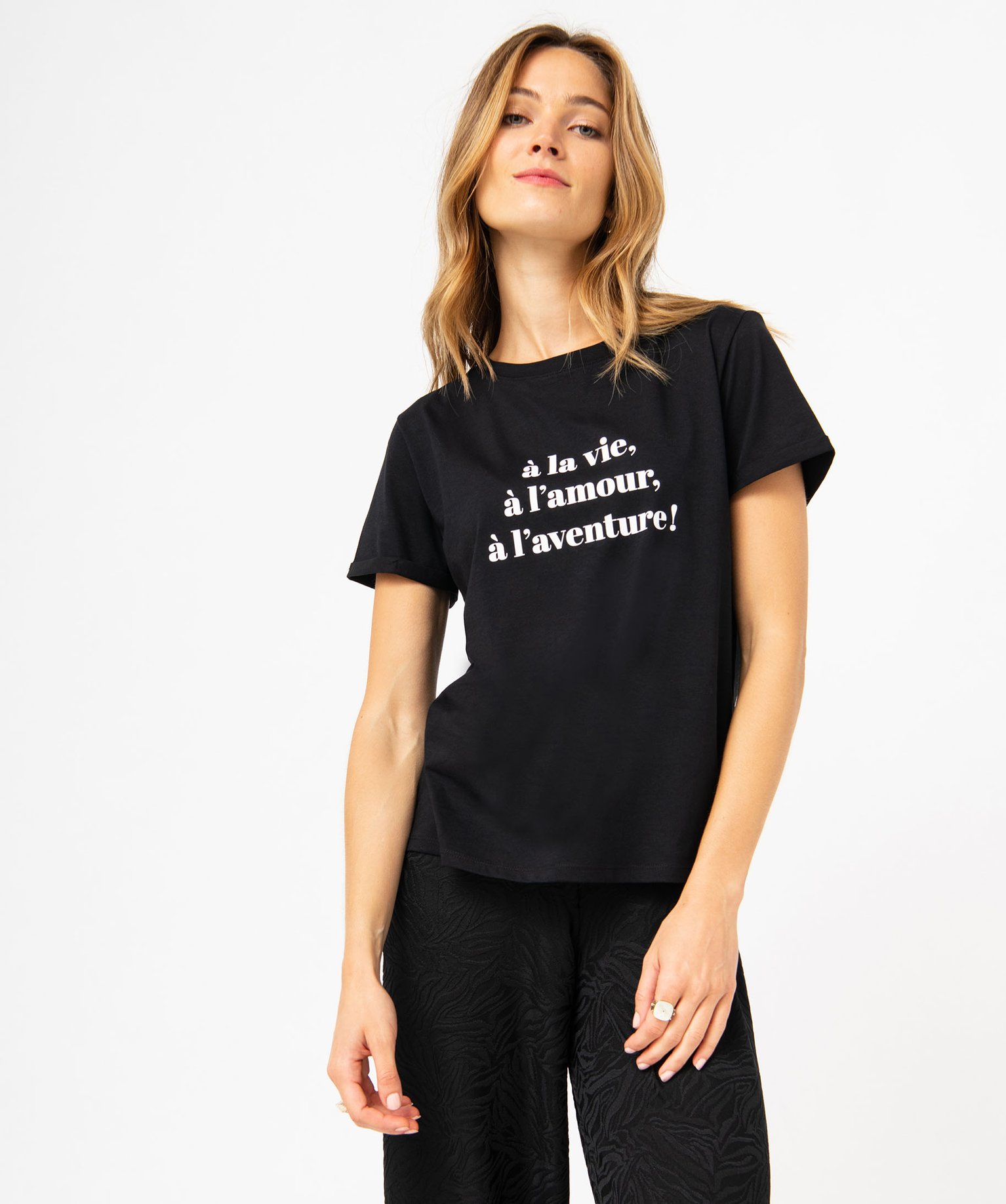 Tee-shirt à manches courtes avec message femme noir | GEMO