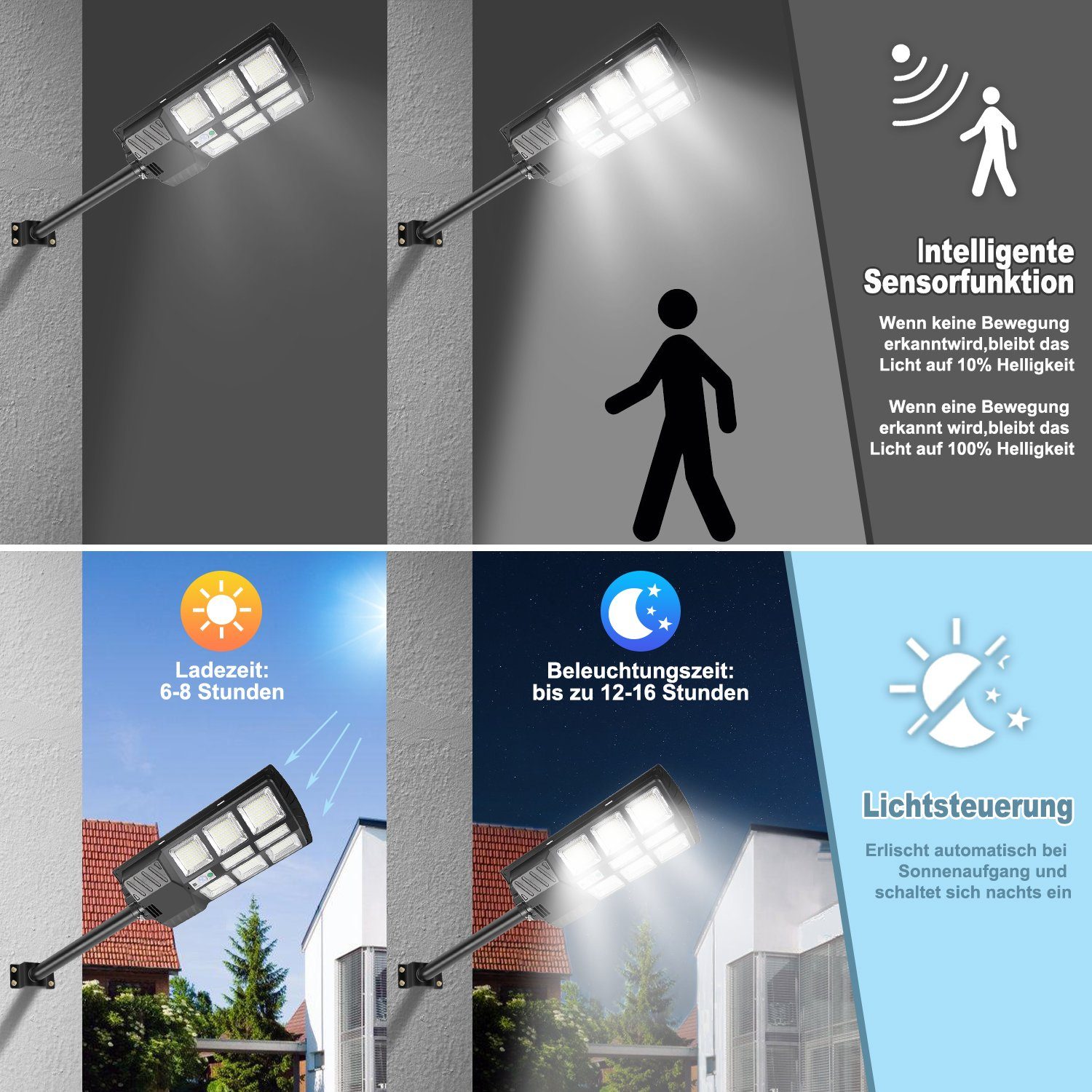 Yakimz LED Solarleuchte Straßenlaterne Solar Straßenlampe LED Strahler mit Bewegungsmelder