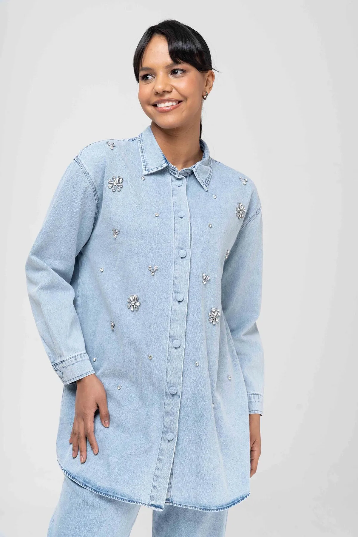 Olcay  Tuniği Jeansanzug mit Steinerbsen und Hose mit elastischer Taille BLAU 9225-TK
