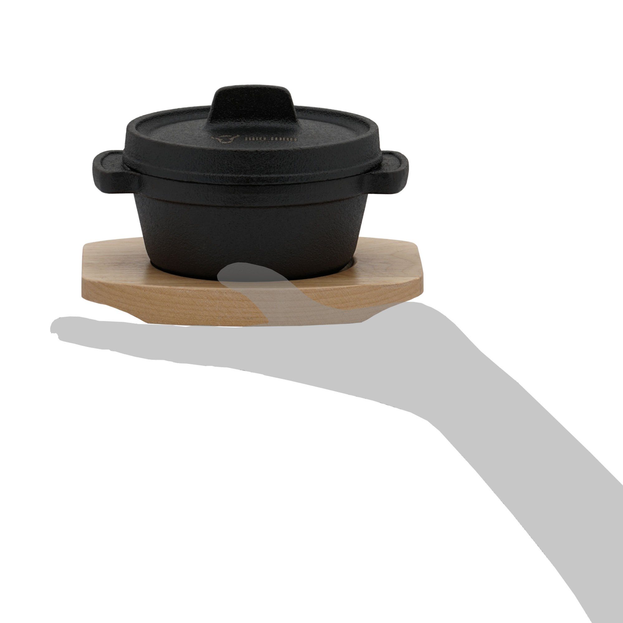 BBQ-Toro Serviertopf Mini Dutch Oven (4 Stück), Ø 11 cm, Gusseisen Topf mit Holzunterlage, Gusseisen (Set)