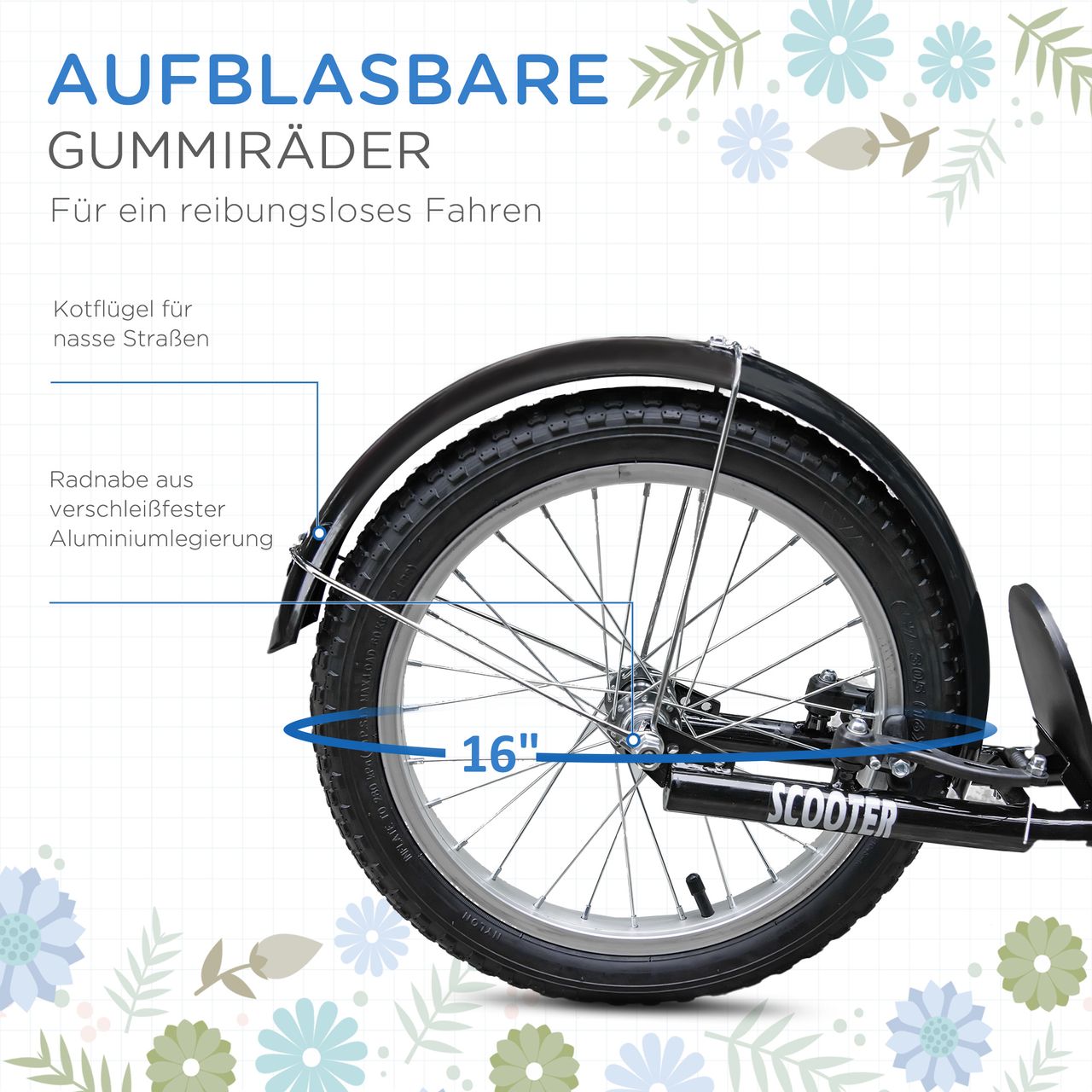 HOMCOM Kinderroller Tretroller mit Bremse Korb höhenverstellbar Gummi Blau