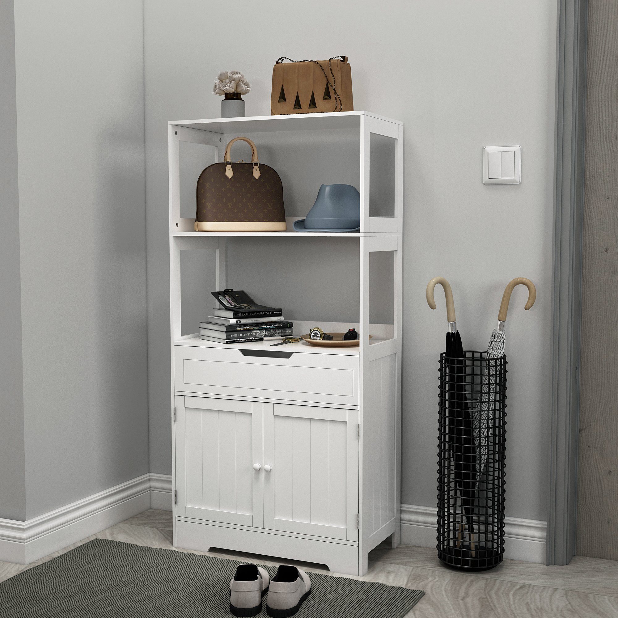 Mondeer Badkommode Badezimmerschrank, Badschrank, Aufbewahrungsschrank, 60 x 30 x 121cm, weiß