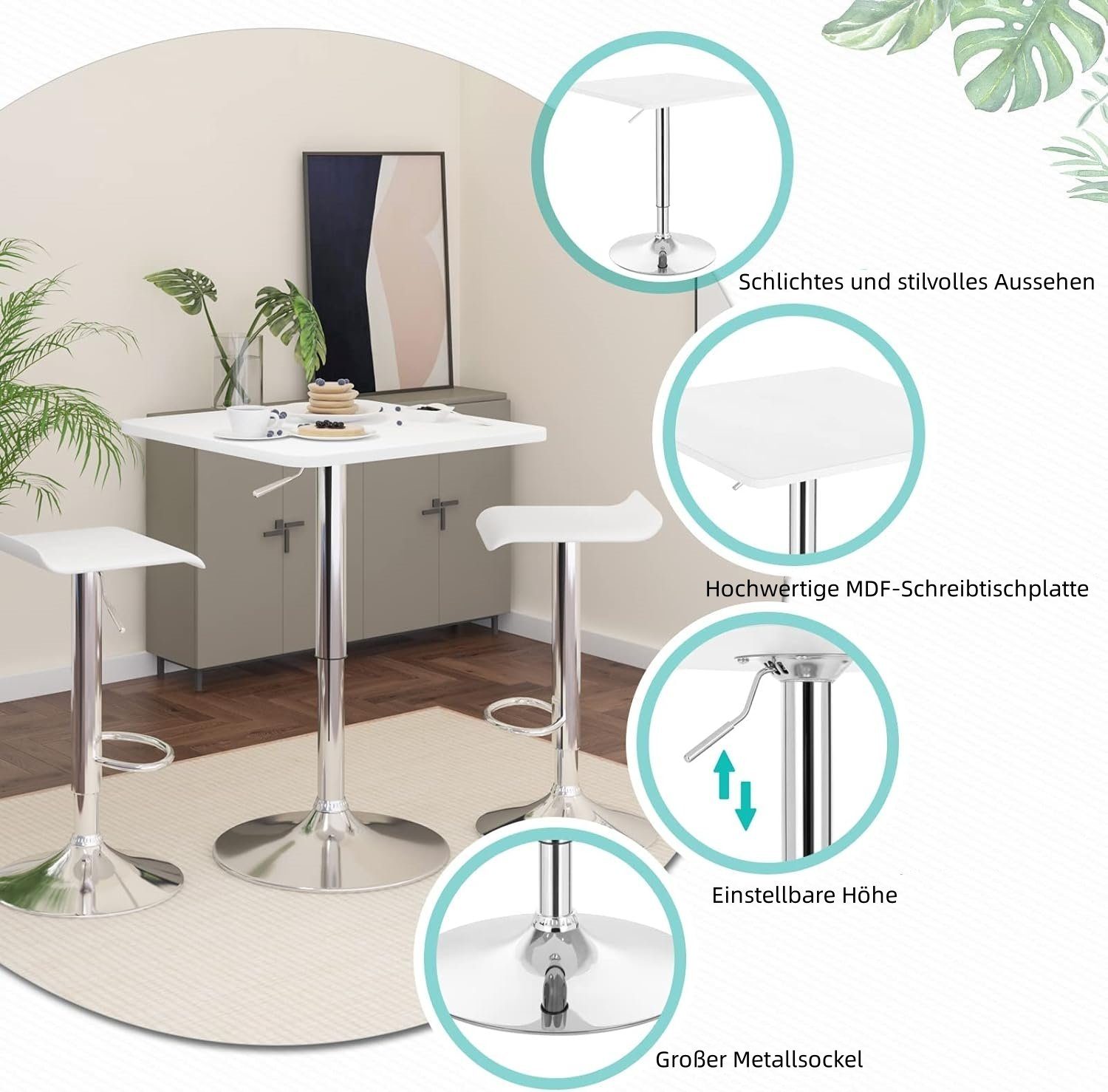 Woltu Bartisch, mit Trompetenfuß drehbar Tischplatte aus MDF höhenverstellbar
