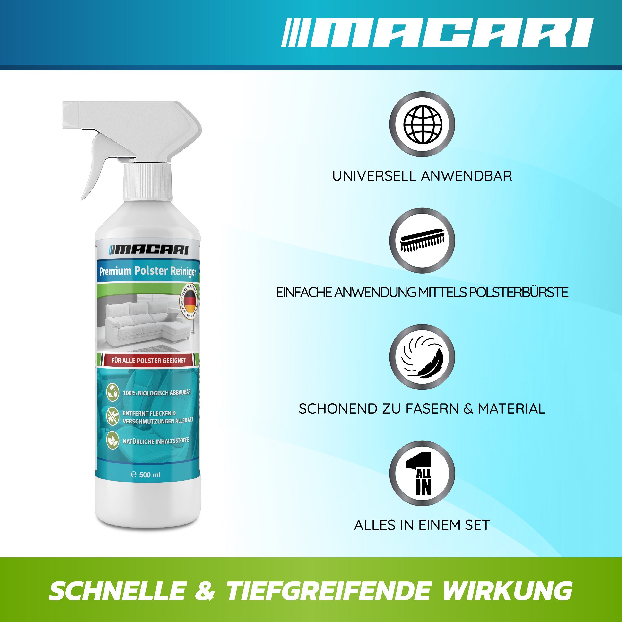 Macari 500 ml Premium Polsterreiniger Sofa & Auto, Couch, Matratzen, Autositz Polsterreiniger