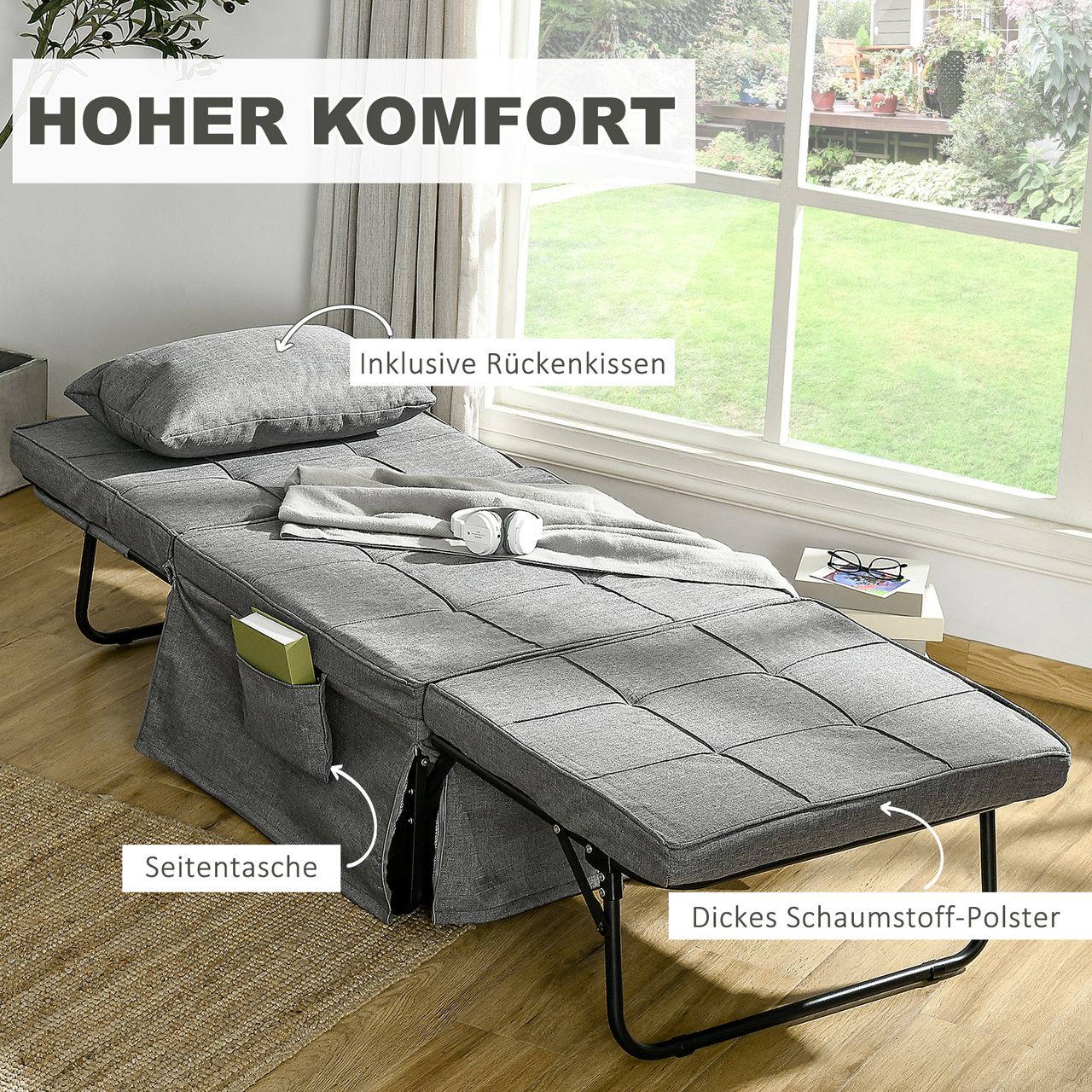 HOMCOM 4-in-1 Einzelbett Klappbett Gästebett klappbare Reisebett Sessel Ottomane mit 8 cm Matratze 5-Stufen Höhenverstellbar mit stabilem Stahlrahmen Grau 188 x 75 x 38 cm…